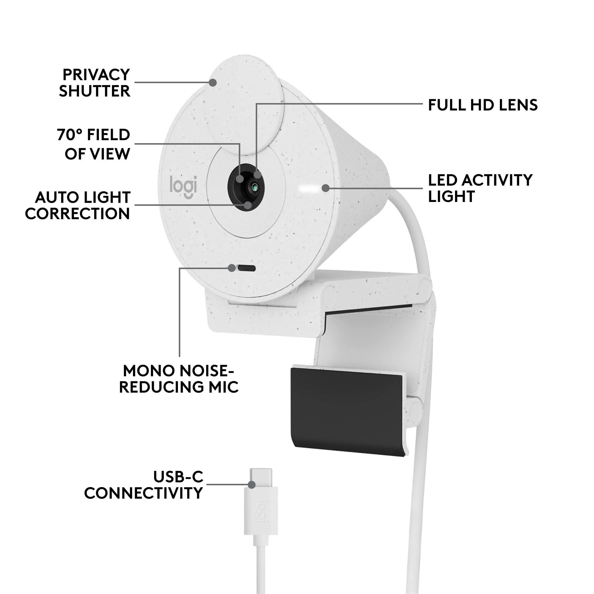 Logitech Brio 300 Full HD Webcam with Privacy Shutter, Noise Reduction Microphone, USB-C, certified for Zoom, Microsoft Teams, Google Meet, Auto Light Correction - Off White Off-White - Image 6