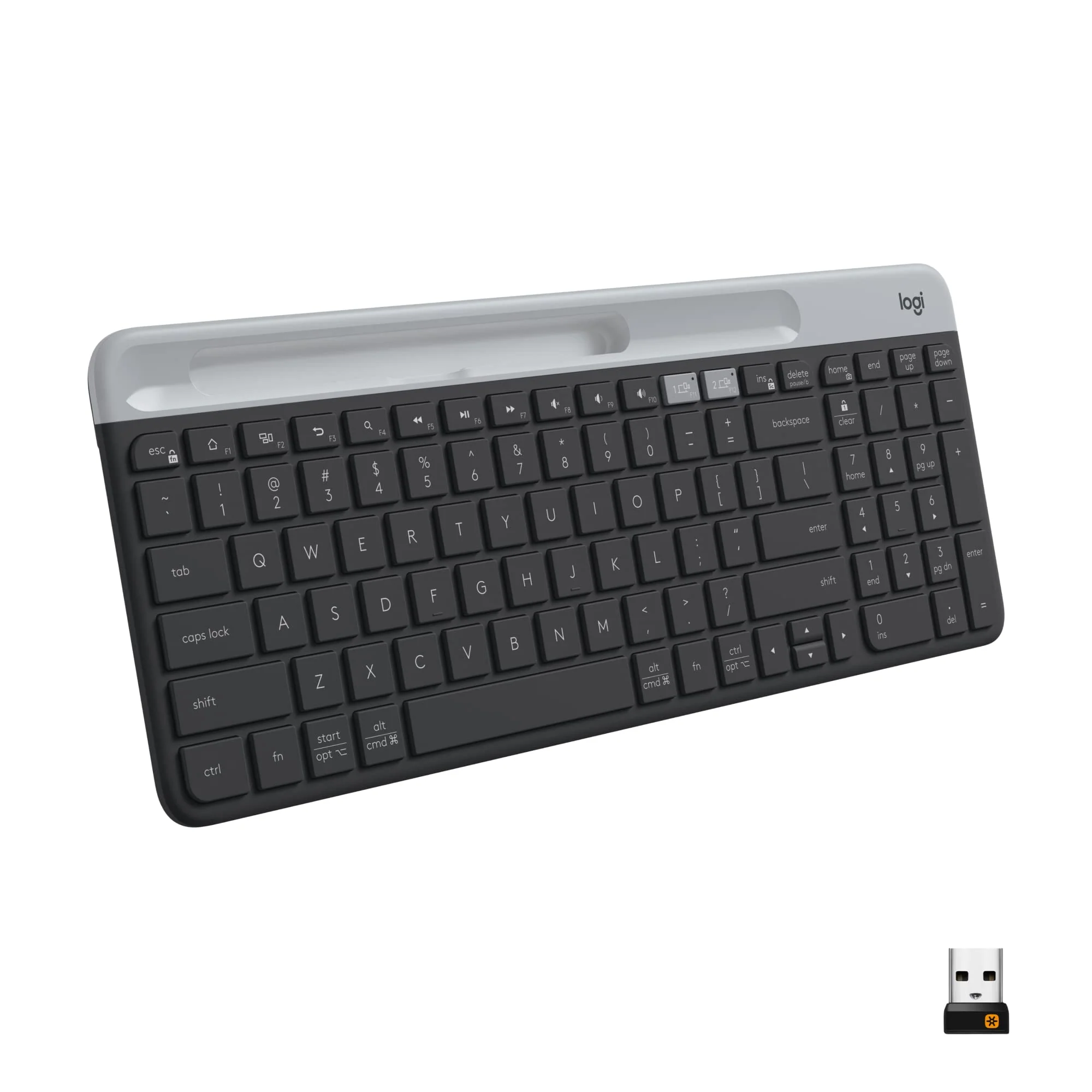 Logitech K585 Multi-Device Slim Wireless Keyboard, Built-in Cradle for Device; for Laptop, Tablet, Desktop, Smartphone, Win/Mac, Bluetooth/Receiver, Compact, Easy Switch, 24 Month Battery - Graphite Keyboard (New)