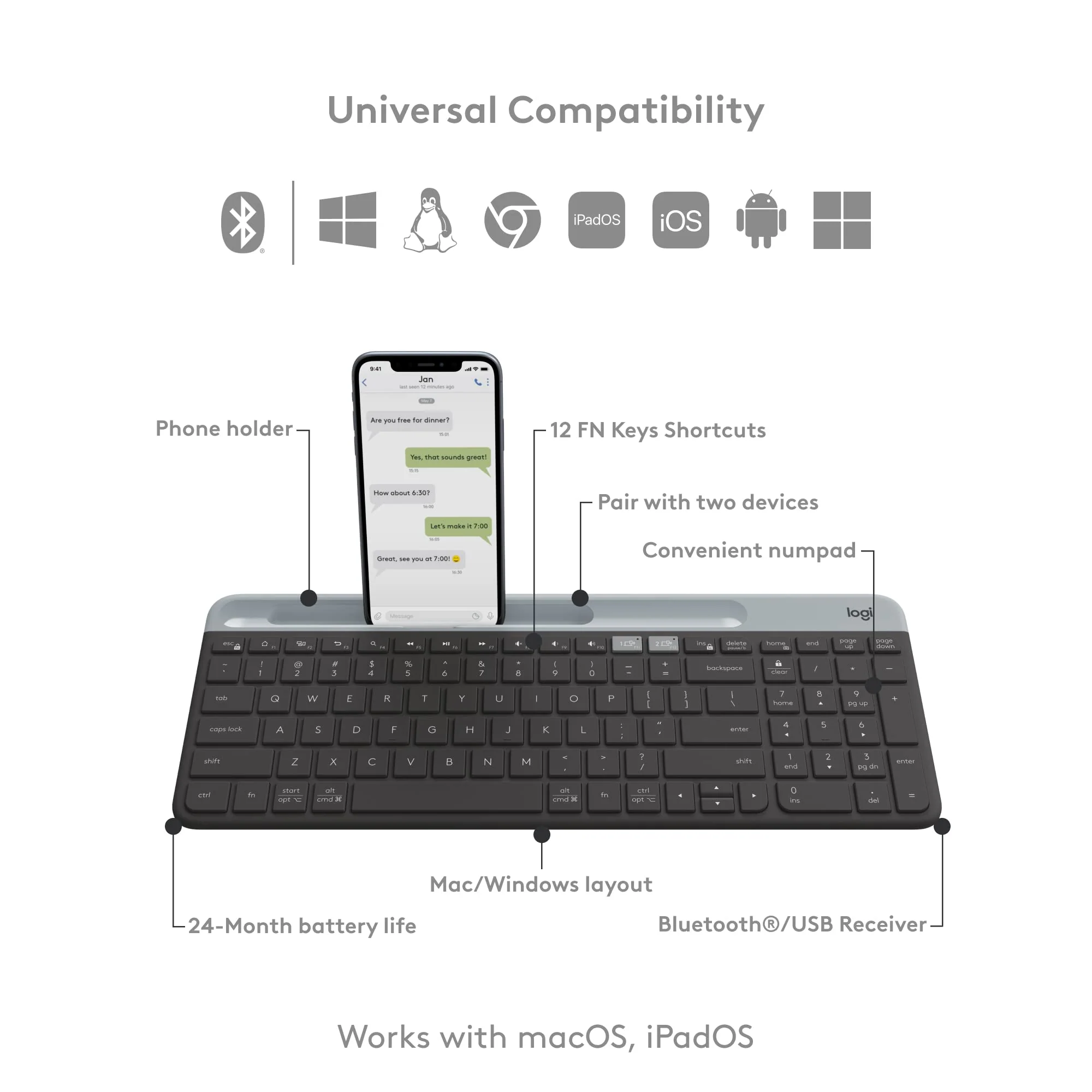 Logitech K585 Multi-Device Slim Wireless Keyboard, Built-in Cradle for Device; for Laptop, Tablet, Desktop, Smartphone, Win/Mac, Bluetooth/Receiver, Compact, Easy Switch, 24 Month Battery - Graphite Keyboard (New) - Image 6