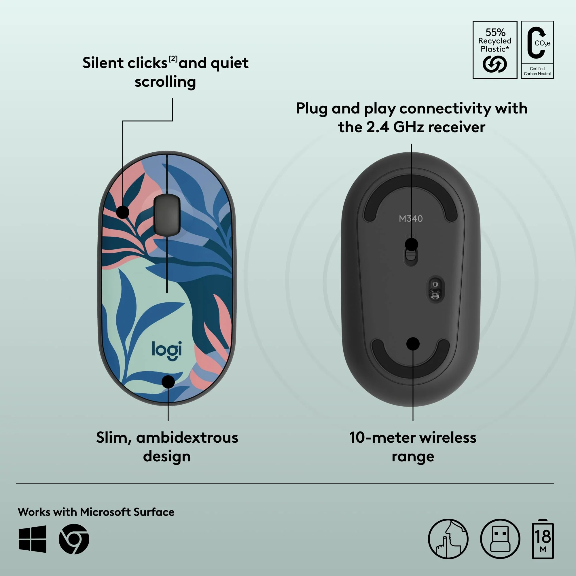 Logitech M340 Wireless Mouse with Limited Edition Prints, USB Receiver and Silent Clicks, Portable Wireless Mouse for Laptop, PC, Windows, Chrome, Surface – Floral Leaves - Image 6