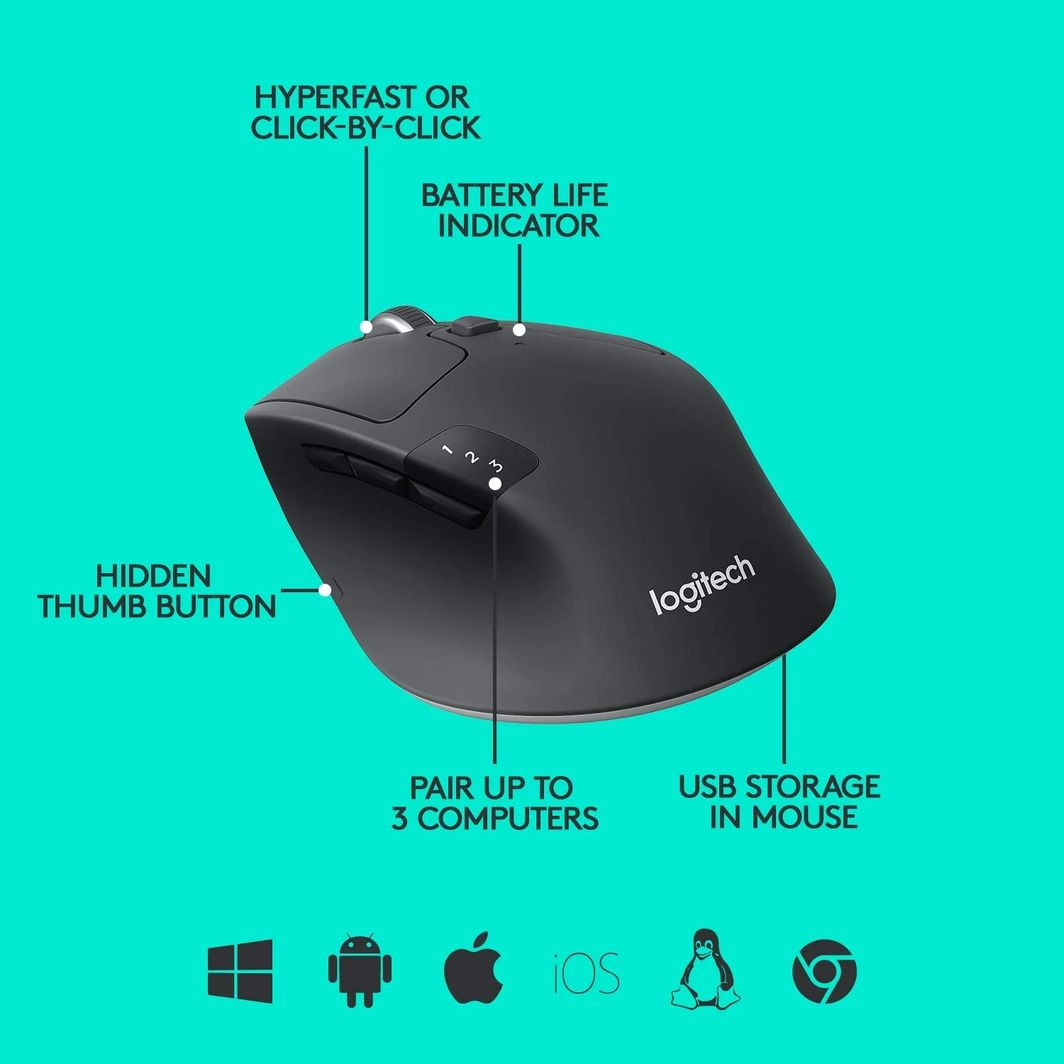 Logitech M720 Wireless Triathlon Mouse with Bluetooth for PC with Hyper-Fast Scrolling and USB Unifying Receiver for Computer and Laptop - Black M720 Triathalon Multi-Device Wireless Mouse - Image 6