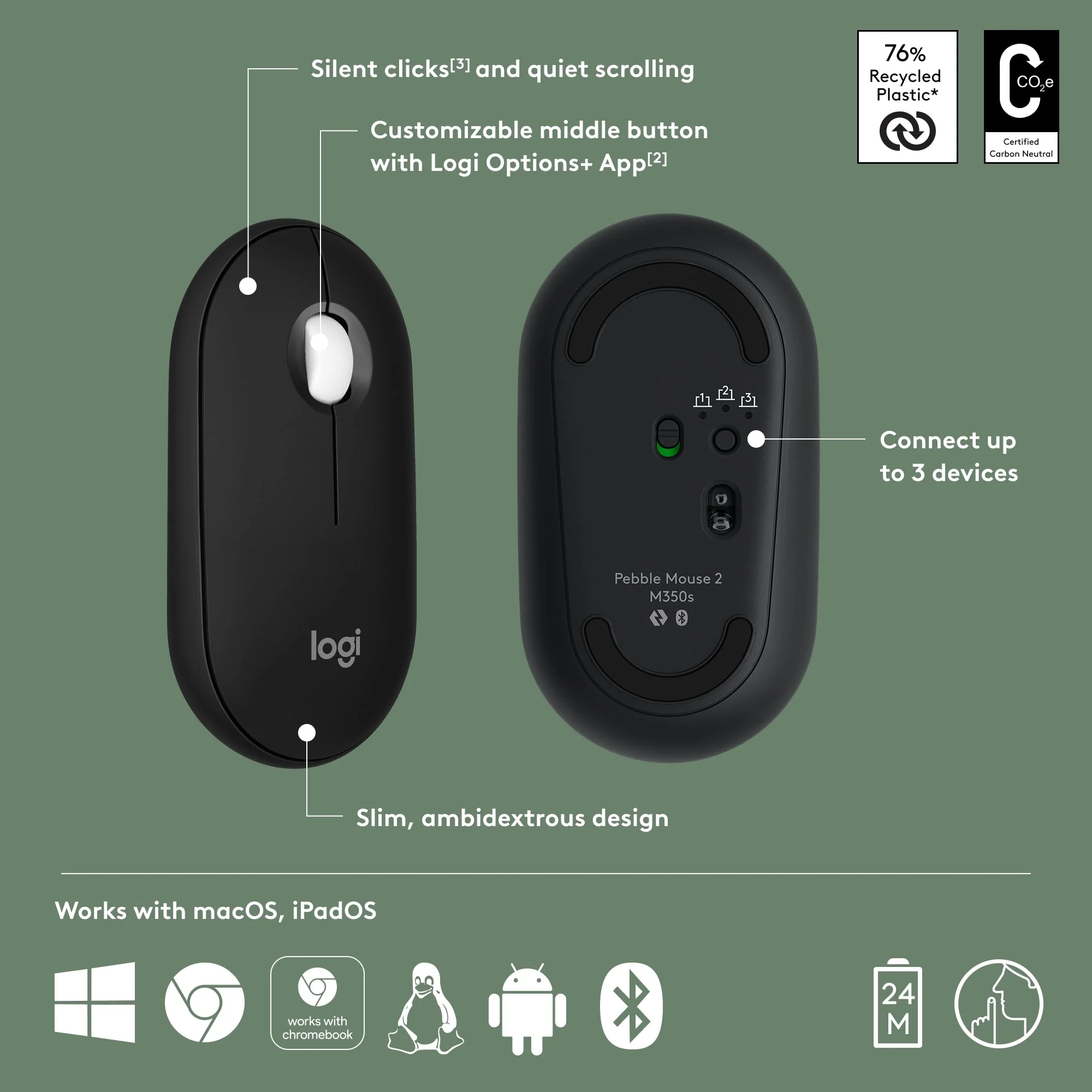 Logitech Pebble Mouse 2 M350s Slim Bluetooth Wireless Mouse, Portable, Lightweight, Customizable Button, Quiet Clicks, Easy-Switch for Windows, macOS, iPadOS, Android, Chrome OS - Black Pebble 2 - Image 6