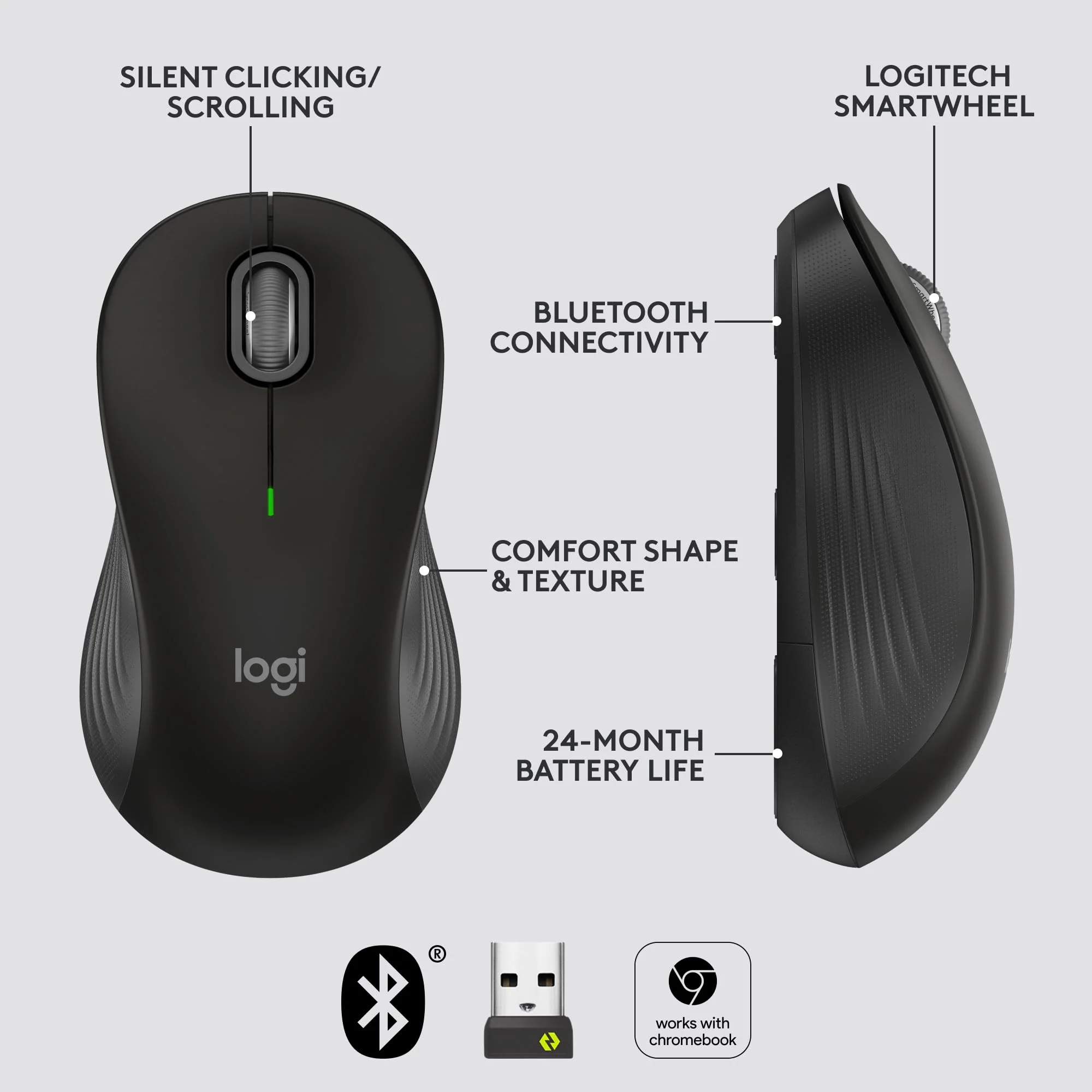 Logitech Signature M550 Wireless Mouse - for Small to Medium Sized Hands, 2-Year Battery, Silent Clicks, Customizable Side Buttons, Bluetooth, Multi-Device Compatibility - Black Small / Medium Size - Image 6