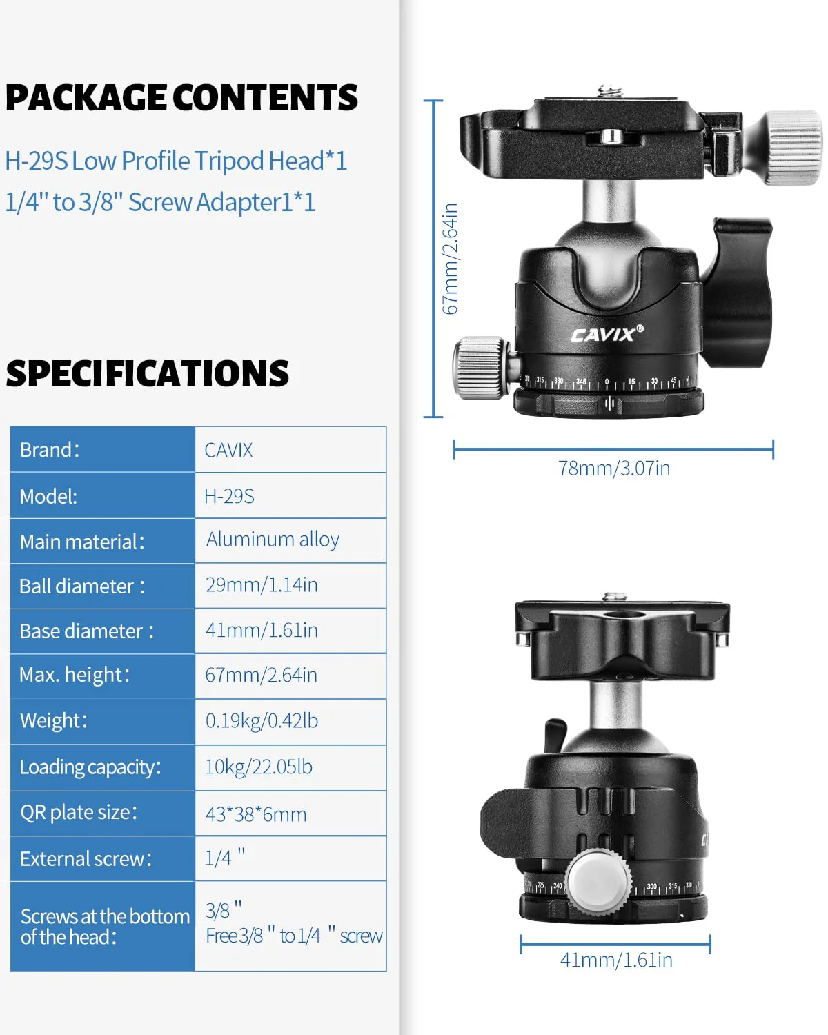 Low Profile Ball Head, CAVIX H-29S Camera Tripod Head Metal Ball Head with Arca Swiss Quick Release Plate Bubble Level Load Capacity 22 Lbs/10kg… Ball Dia. 29mm - Image 8