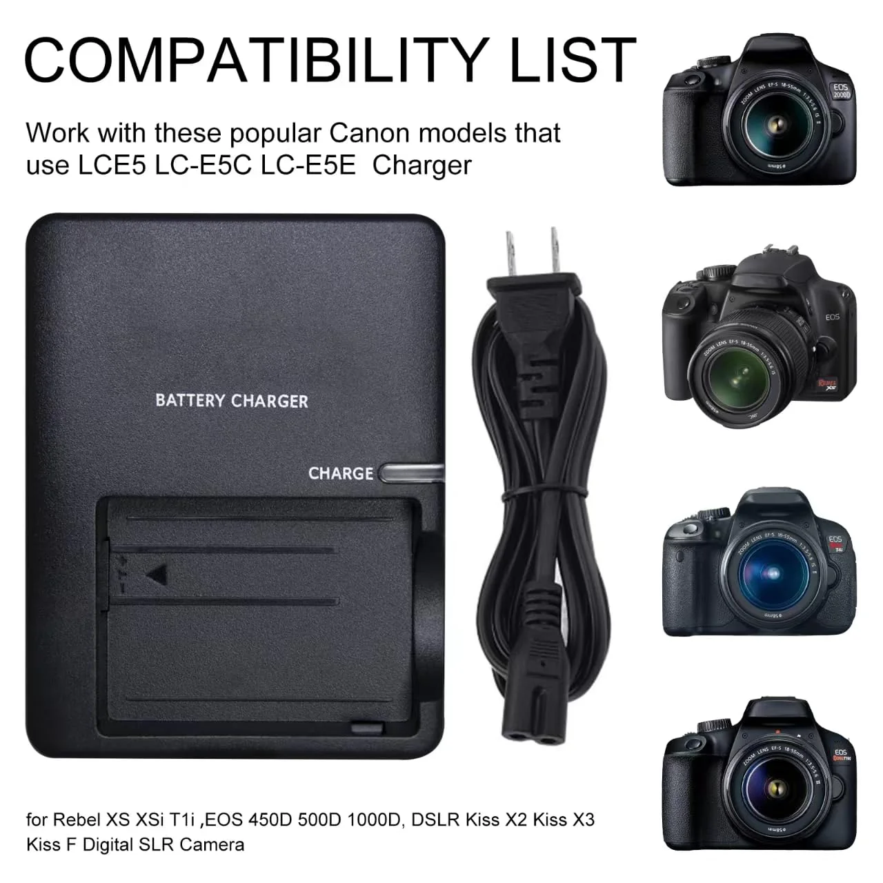 LP-E5 Quick Charger for Canon Battery: LCE5 LC-E5C LC-E5E EOS Compatible Rebel XS XSi T1i EOS 450D 500D 1000D DSLR Kiss X2 Kiss X3 Kiss F Digital SLR Camera(black) - Image 3
