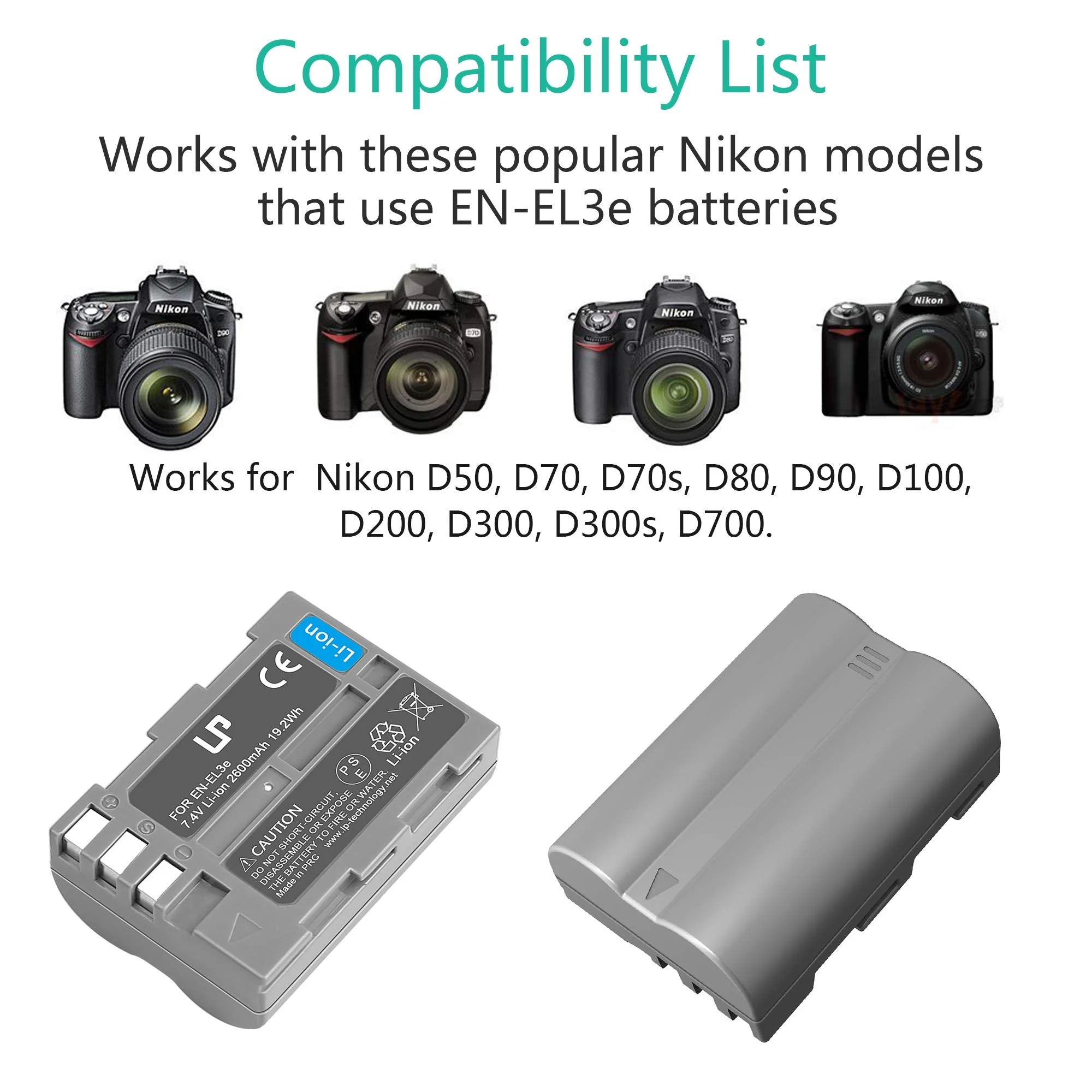 LP EN-EL3e, EL3, EL3a Battery, 2600 mAh Battery Compatible with Nikon D700, D300s, D300, D200, D100, D90, D80, D70S, D70, D50, MH-18, MH18a, MH-19, MB-D200, MB-D10 - Image 7