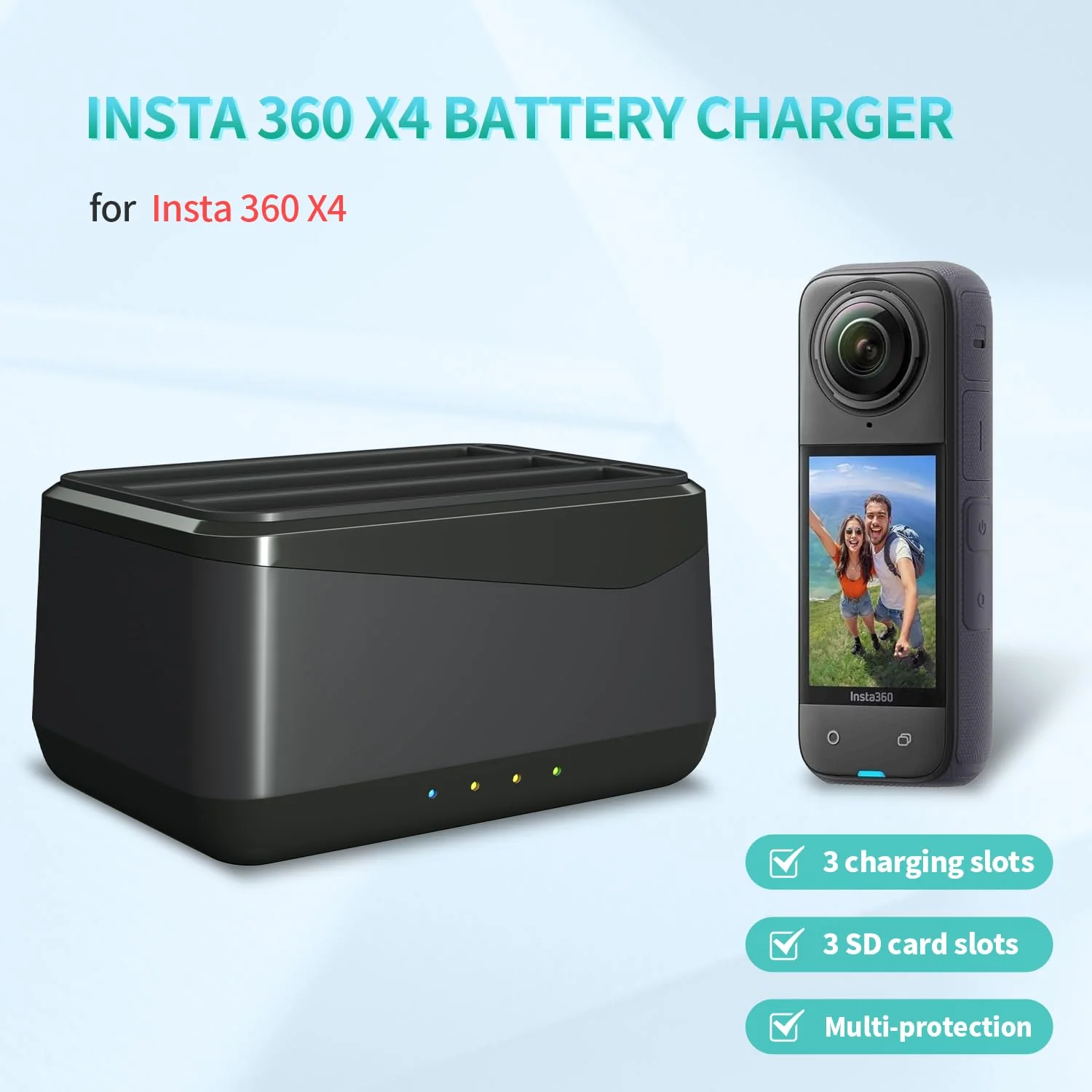 LP Insta 360 X4 Battery Charger Compatible with Insta360 X4 Battery Charger with USB Type-C Cable, 3-Slot Battery Charging Station with SD Card Storage Slot - Image 2
