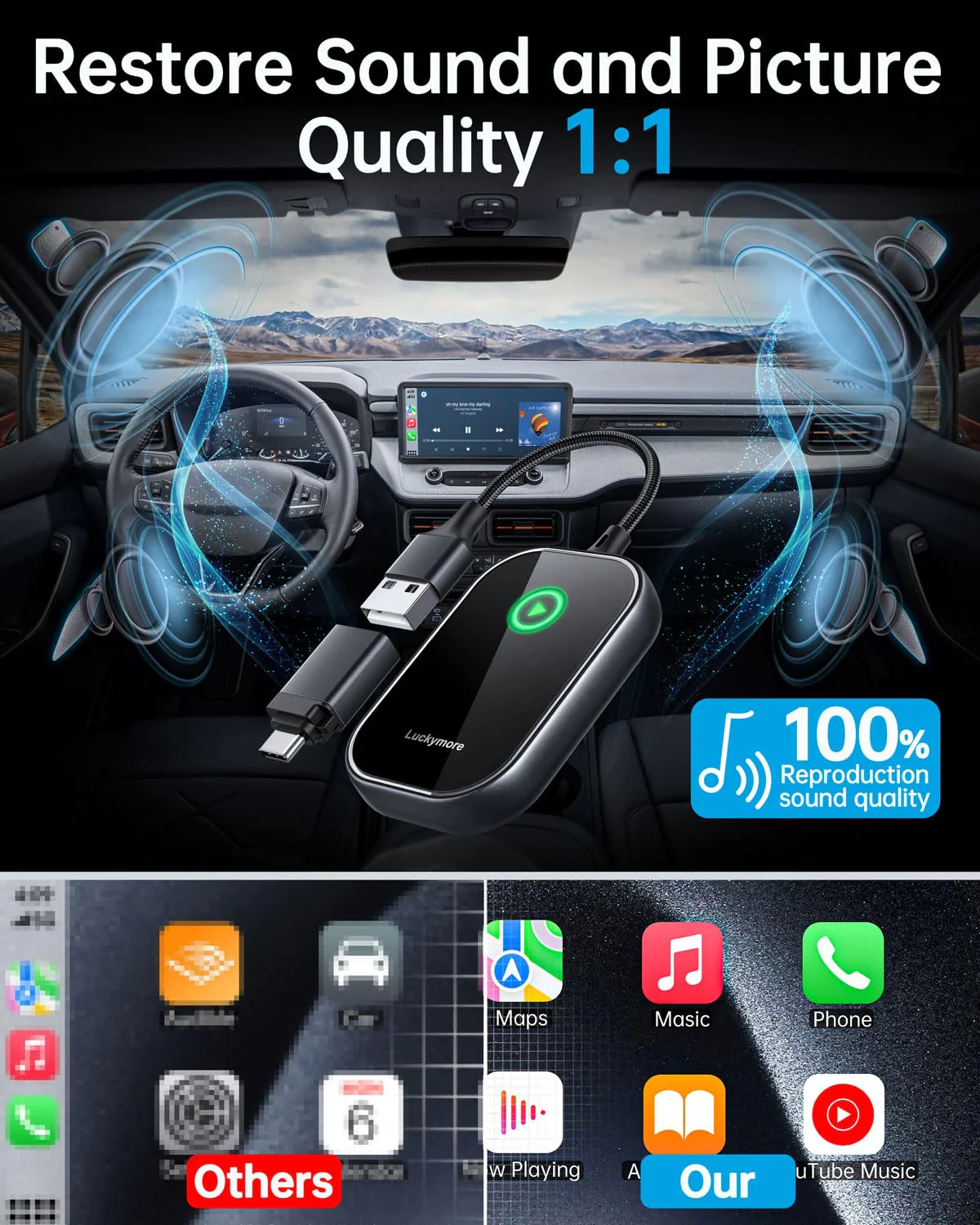 Luckymore Wireless Carplay Adapter, Converts Wired to Wireless Carplay Dongle for Wireless Control Plug & Play Carplay Fit for Cars from 2017 & for Apple iPhone iOS 10+ Black - Image 5