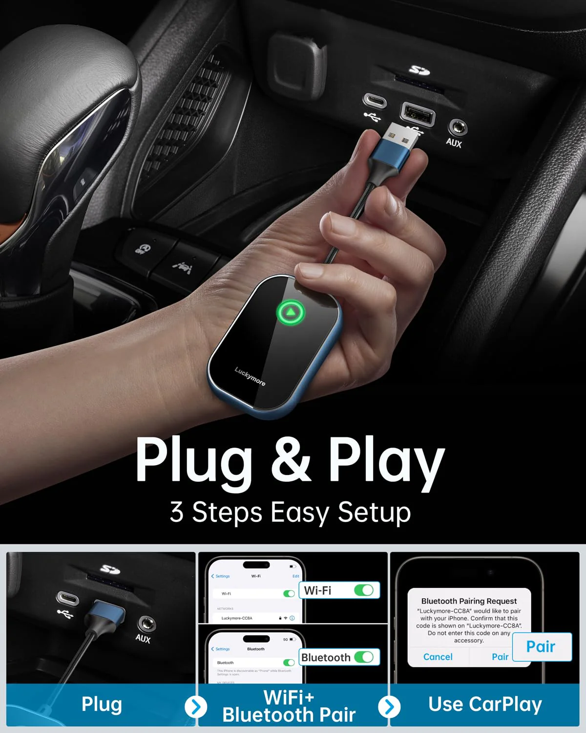 Luckymore Wireless Carplay Adapter, Converts Wired to Wireless Carplay Dongle for Wireless Control Plug & Play Carplay Fit for Cars from 2017 & for Apple iPhone iOS 10+ Navy - Image 2