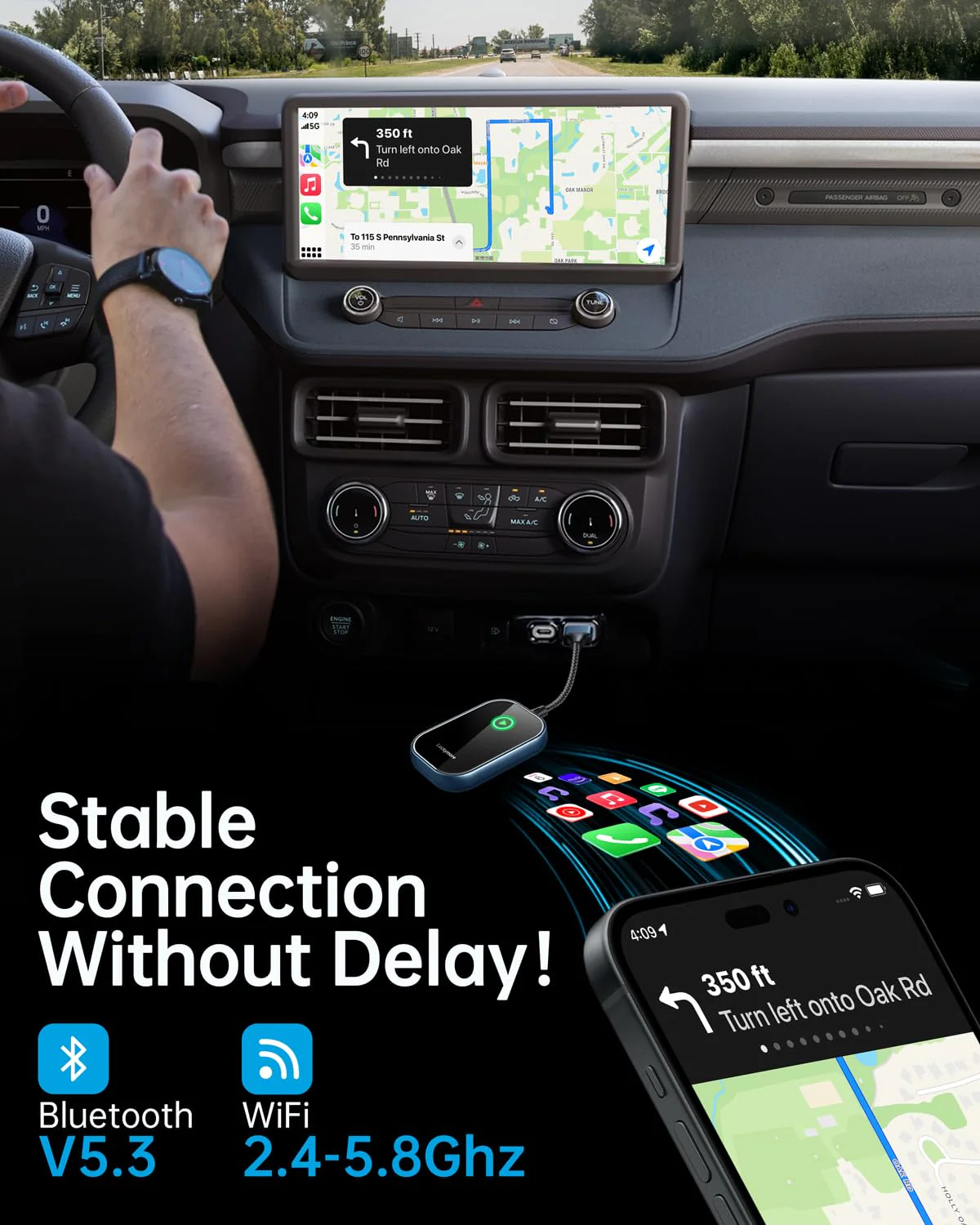 Luckymore Wireless Carplay Adapter, Converts Wired to Wireless Carplay Dongle for Wireless Control Plug & Play Carplay Fit for Cars from 2017 & for Apple iPhone iOS 10+ Navy - Image 5