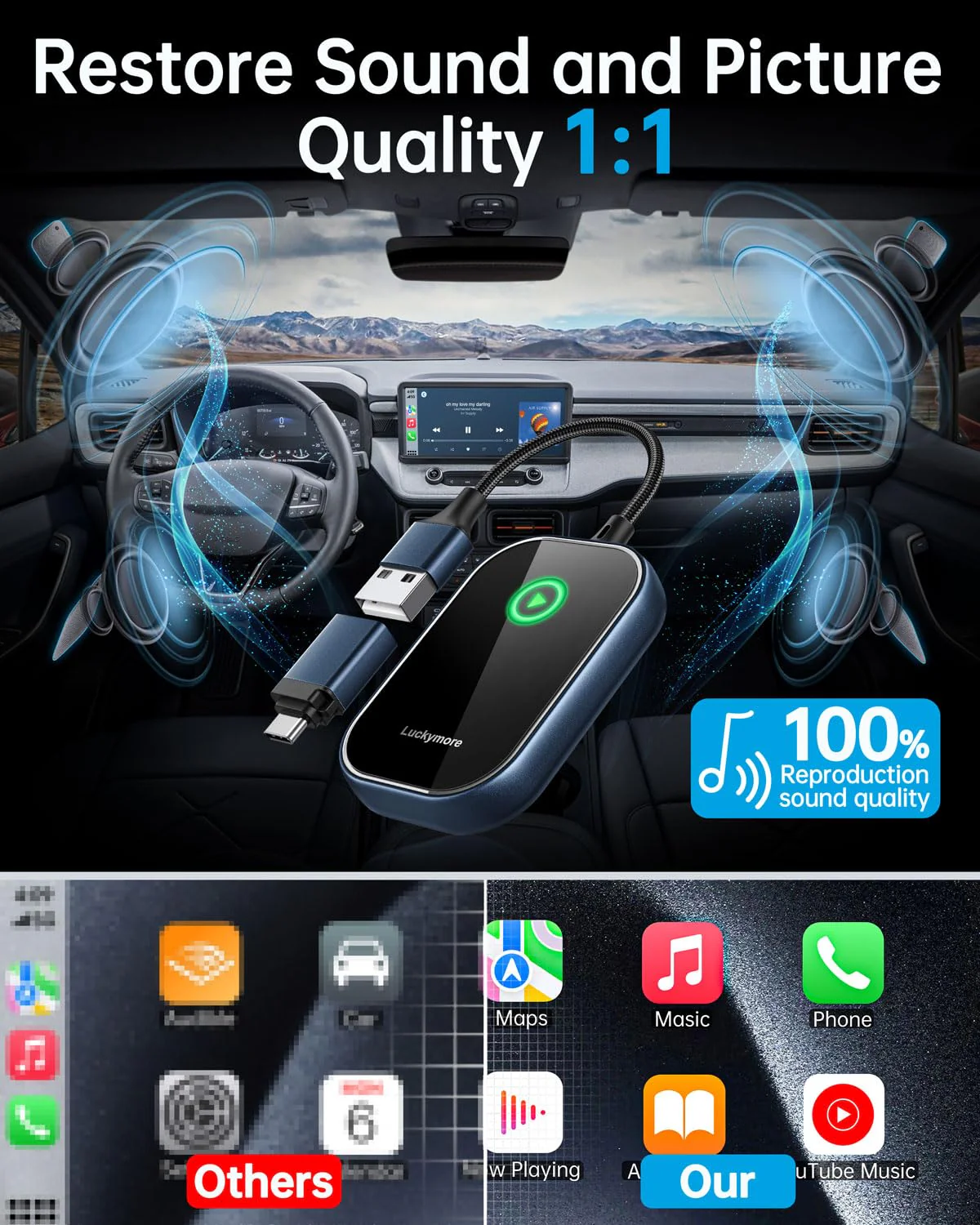 Luckymore Wireless Carplay Adapter, Converts Wired to Wireless Carplay Dongle for Wireless Control Plug & Play Carplay Fit for Cars from 2017 & for Apple iPhone iOS 10+ Navy - Image 6