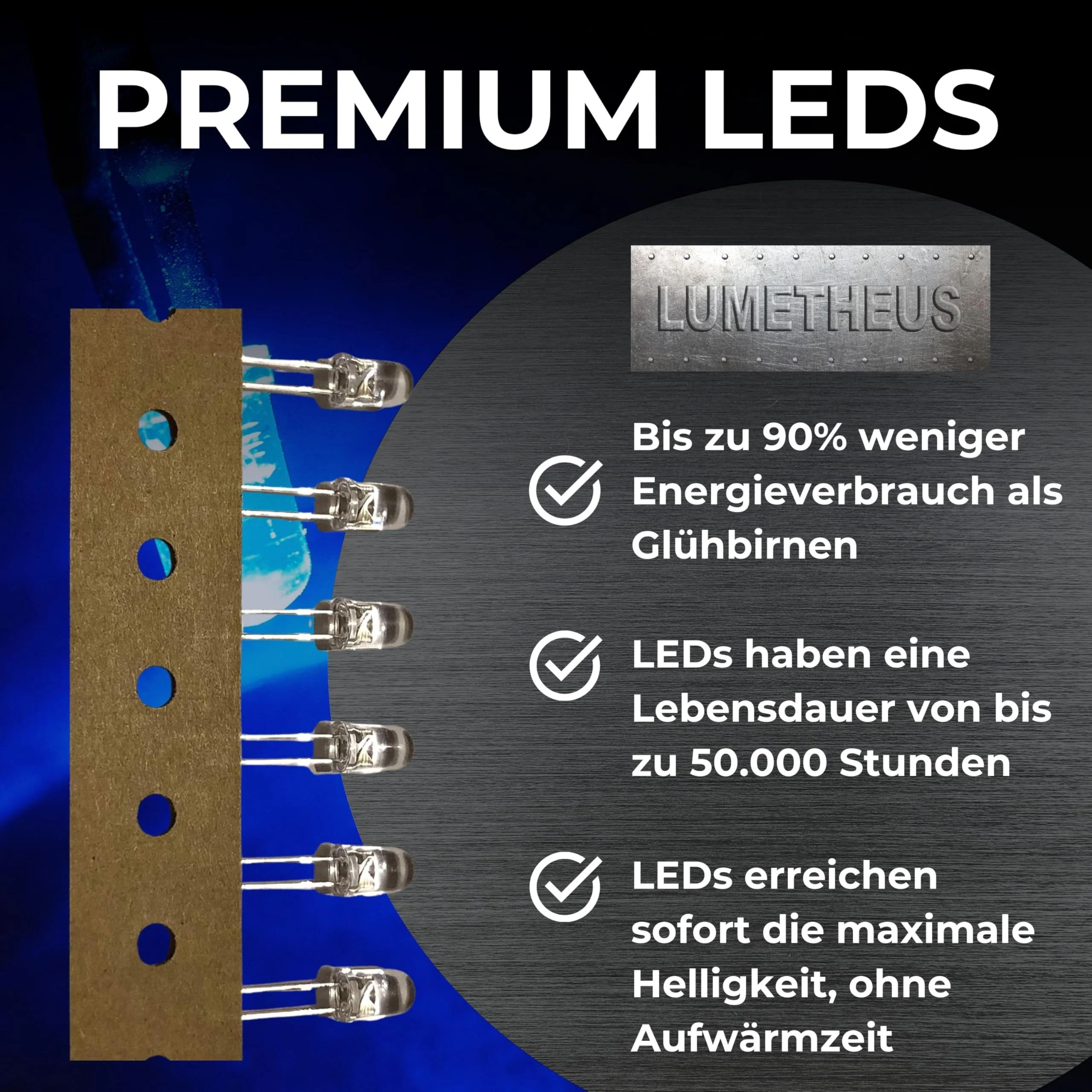 Lumetheus LED Light Emitting Diode 5 mm White Pack of 50 - Extra Bright Diodes 25,000 mcd - 3V LEDs with 2 Pins - for Car, PC, Boat, Caravan, Craft Kit, Repair & Running Light - 50,000 Hours Light 2-5 mm - Image 3