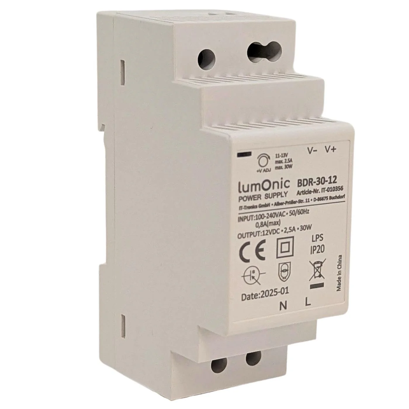 Lumonic I Power Supply DIN Rail BDR-30-12 I 12 V / 30 W I Input 100-240 VAC I Overload Protection & Short Circuit Proof I DIN-Rail Switching Power Supply I Control Cabinet & 12V