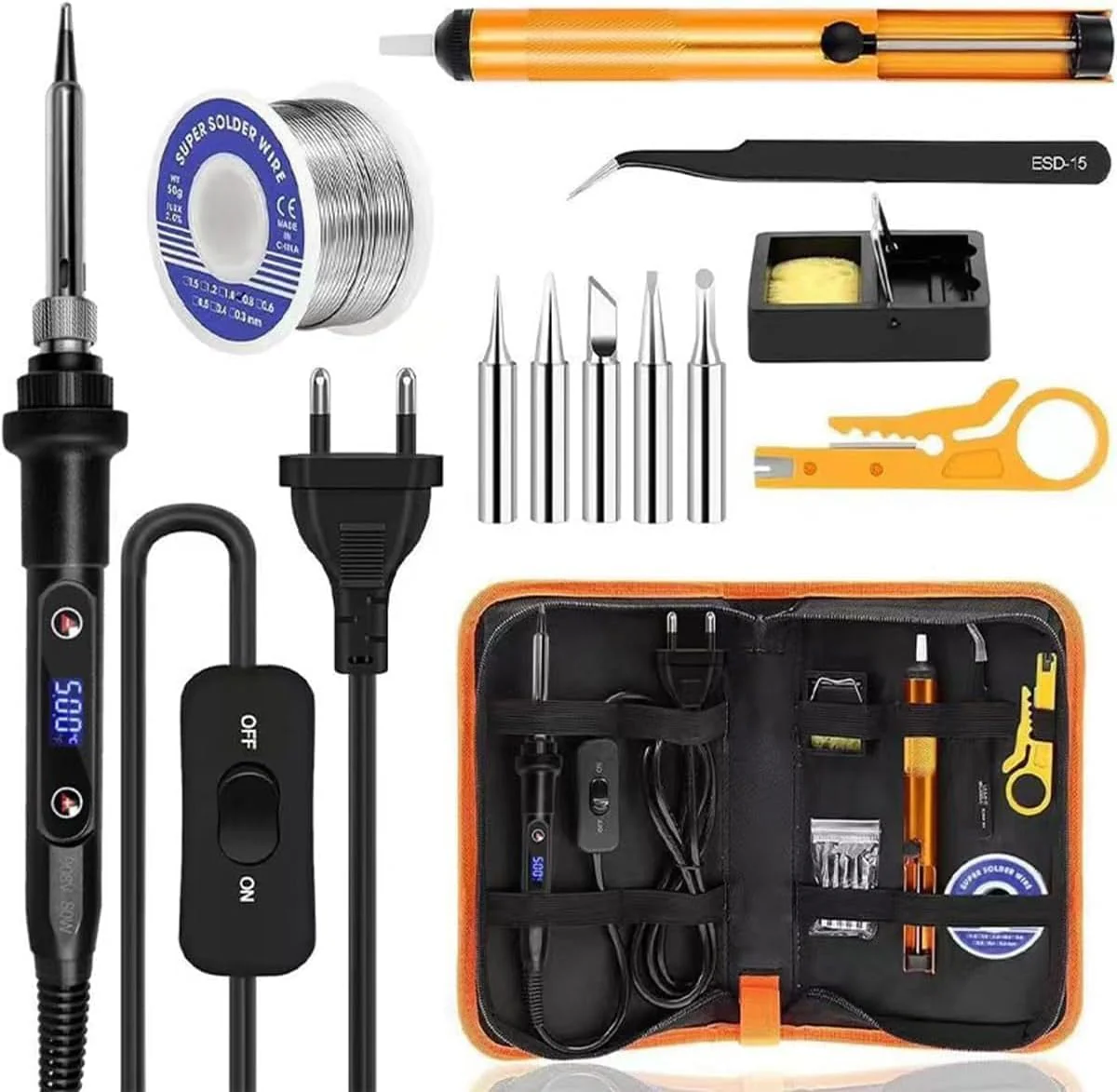 Lunriwis Soldering Iron Set, 80 W LCD, with Temperature Adjustable 180-500 °C Soldering Iron with On/Off, Soldering Tool with 5 Soldering Tips, 50 g Soldering Wires, Desoldering Pump, Soldering Iron