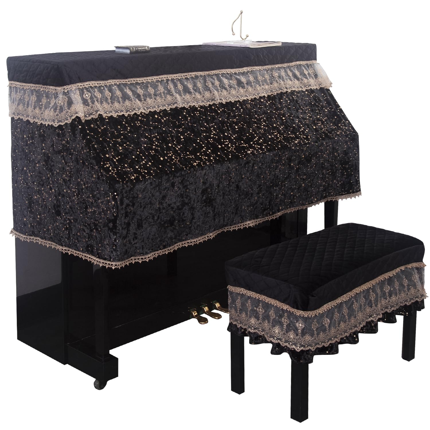 Luxury Velvet Piano Cover for Upright Pianos, Black with Gold Stars and Lace Trim, Quilted Top
