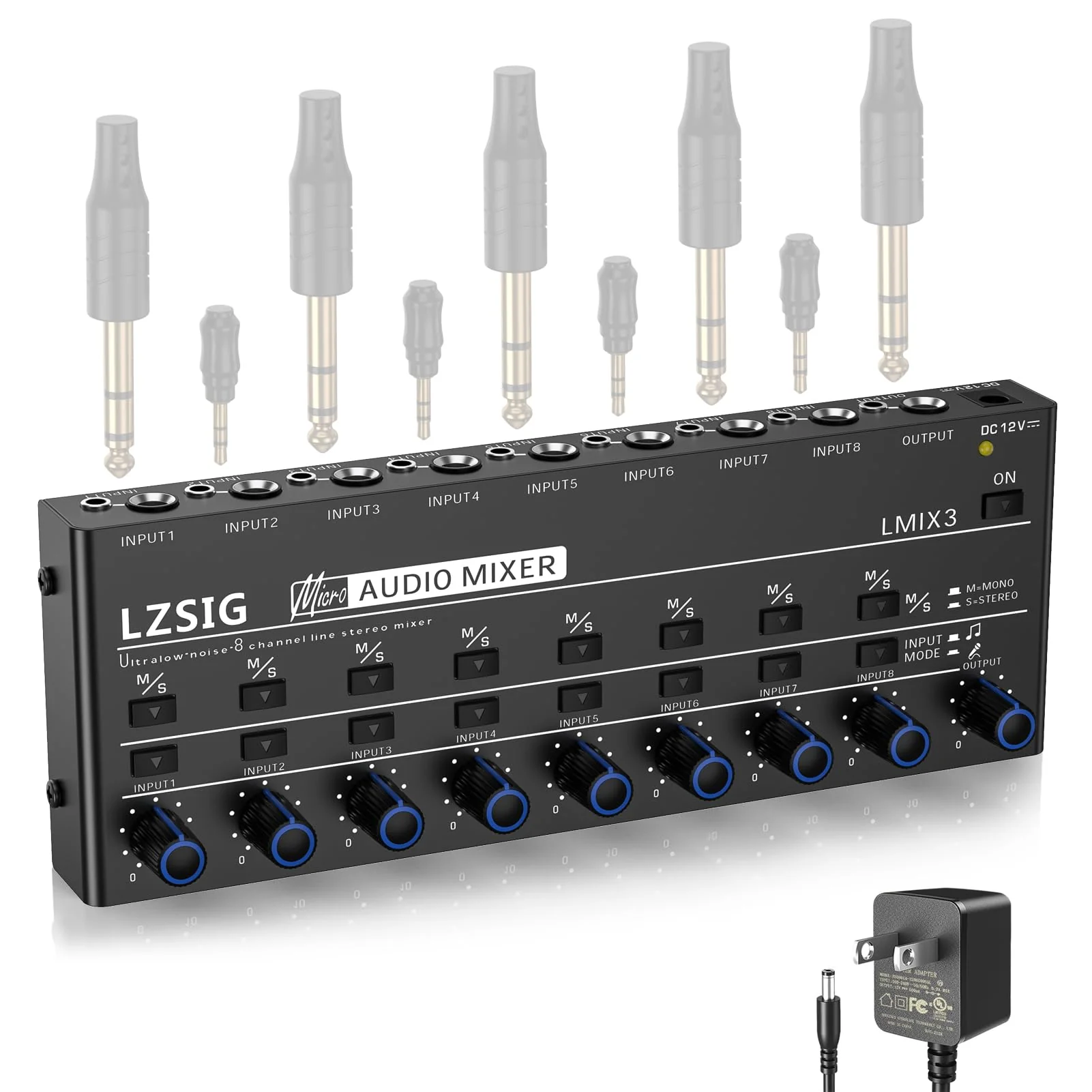 LZSIG Audio Mixer, Stereo Line Mixer for Sub-Mixing, Ultra Low-Noise, 8-Channel, Dynamic Microphone Independent Control, 1/4" & 1/8" TRS Output and Input, for Guitars,Bass,Keyboards Large(8-channel)