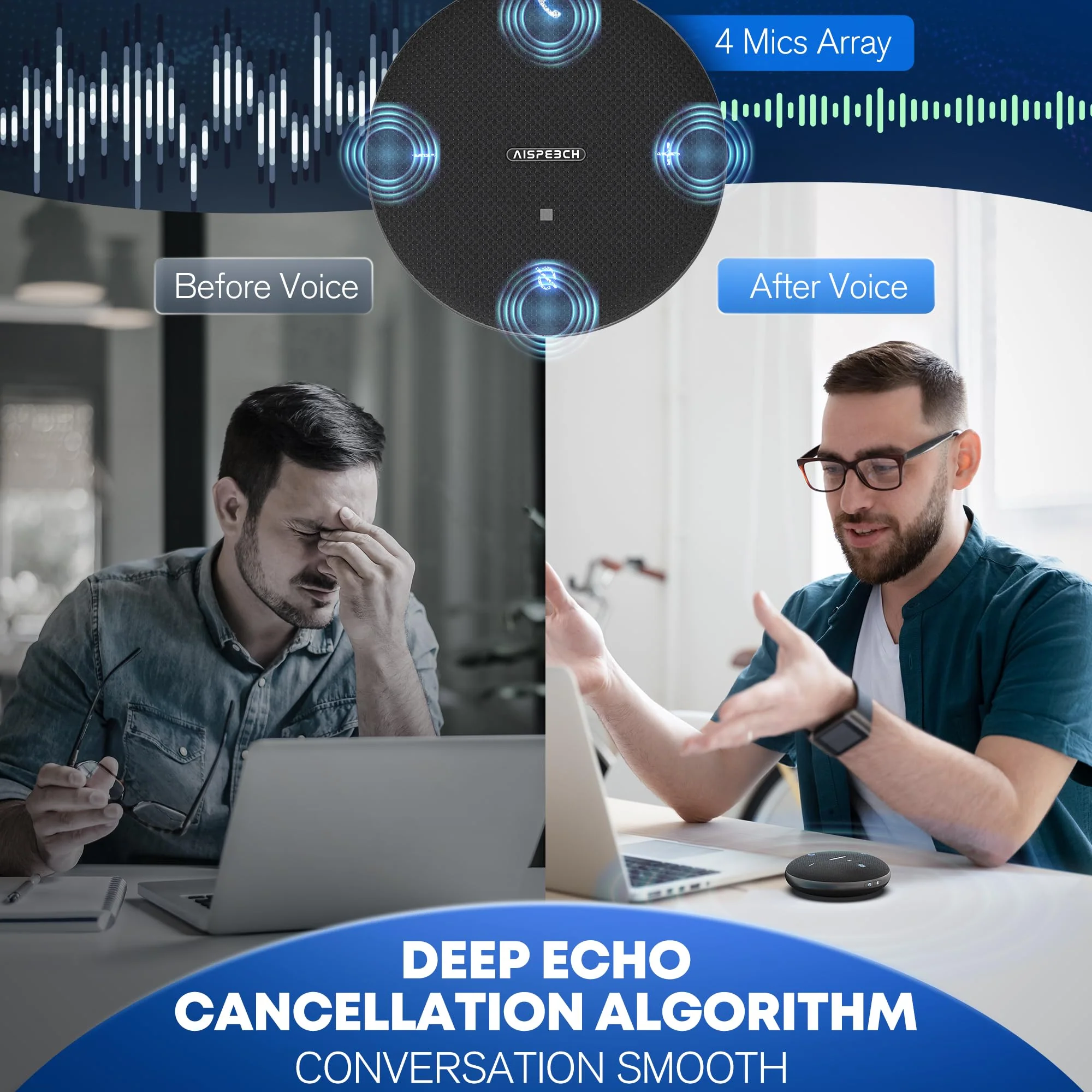 M4 Bluetooth Speakerphone Conference Microphone with AI Noise Reduction Full-Duplex AI Transcription USB Speakerphone 360° Voice Pickup Conference Speaker Home Office for Teams/Zoom, Black M4 Black USB Omnidirectional Speakerphone for 8 people - Image 4