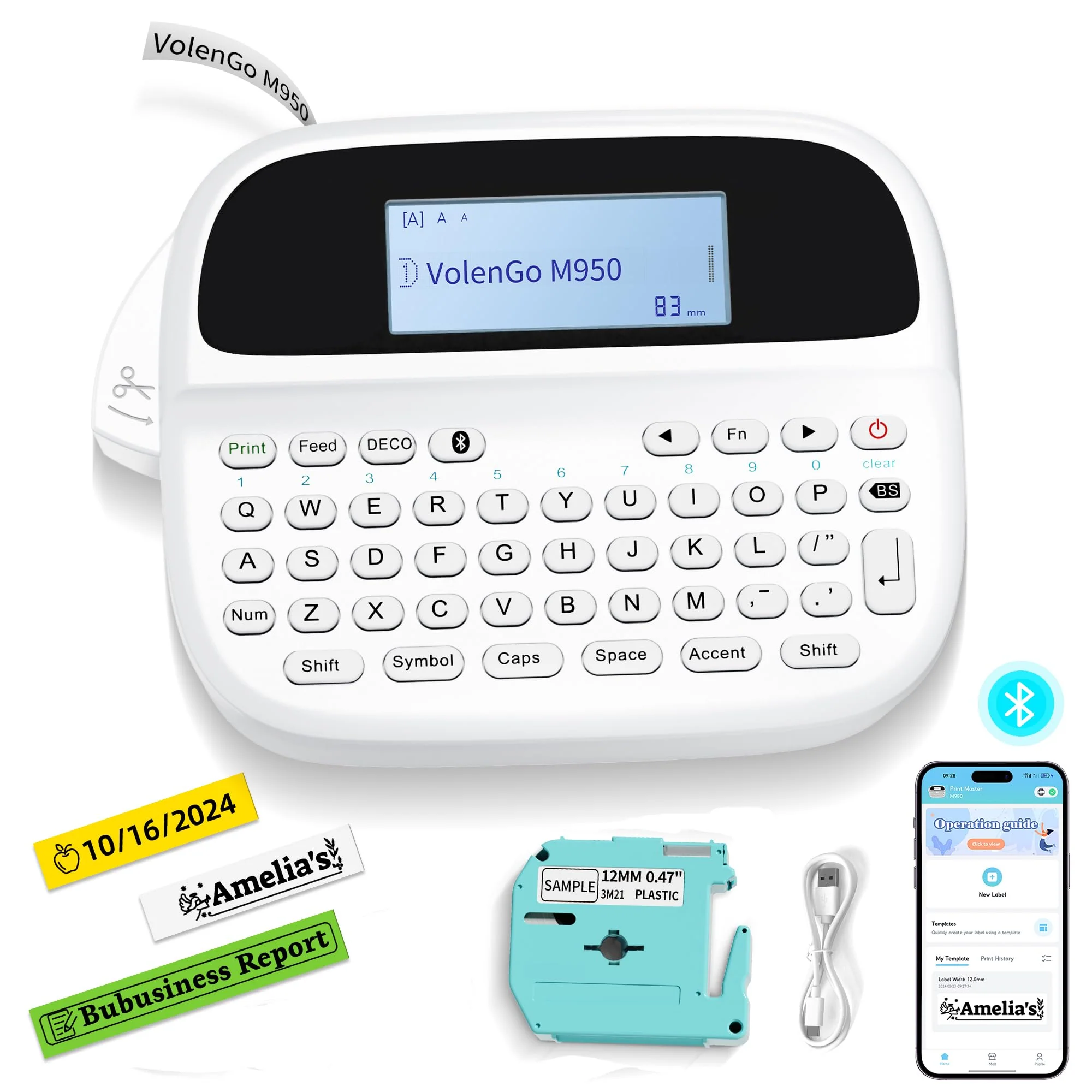 M950 Label Maker, Label Maker Machine with-Tape 12mm White, Portable Bluetooth Labeler with Backlit-LCD, Handheld Rechargeable Label Makers, Inkless Labeling Maker for School Office Organization