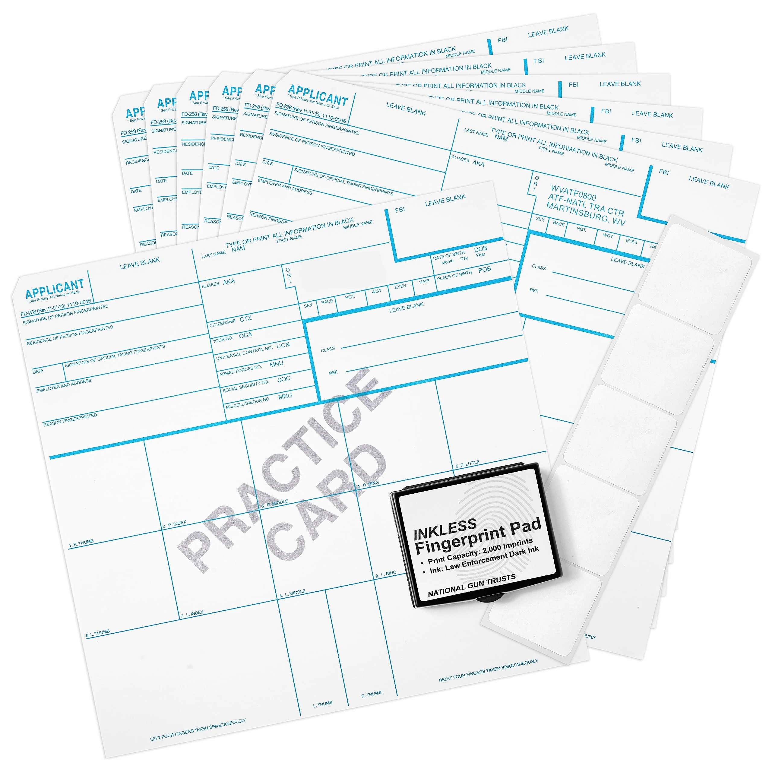 Made in USA - FD 258 Fingerprint Card 2025 Kit Full (6 Cards + 1 Practice Card) w/Reusable Ink Pad, Correction Tabs, Instructions FD258-ATF