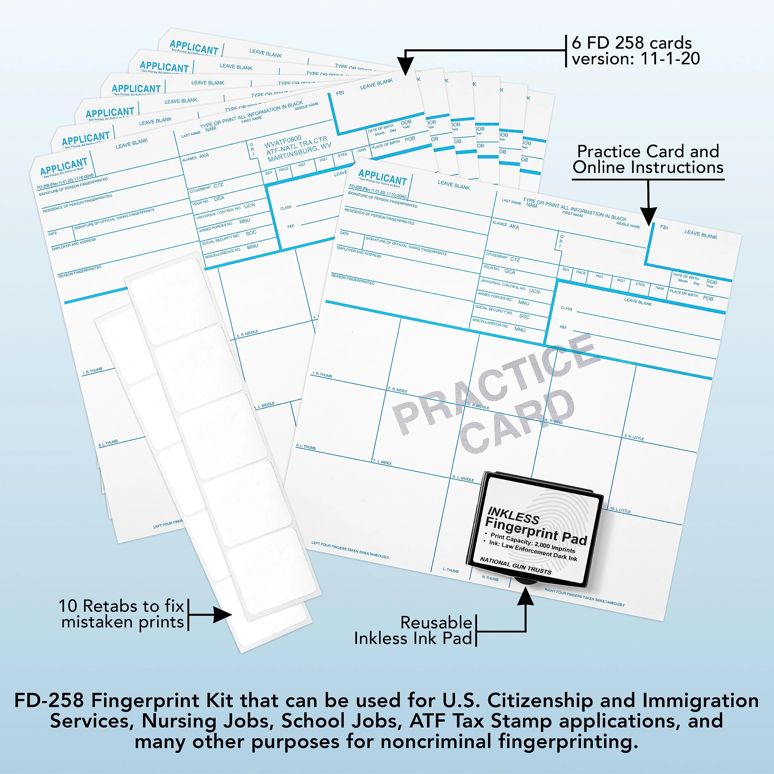 Made in USA - FD 258 Fingerprint Card 2025 Kit Full (6 Cards + 1 Practice Card) w/Reusable Ink Pad, Correction Tabs, Instructions FD258-ATF - Image 6