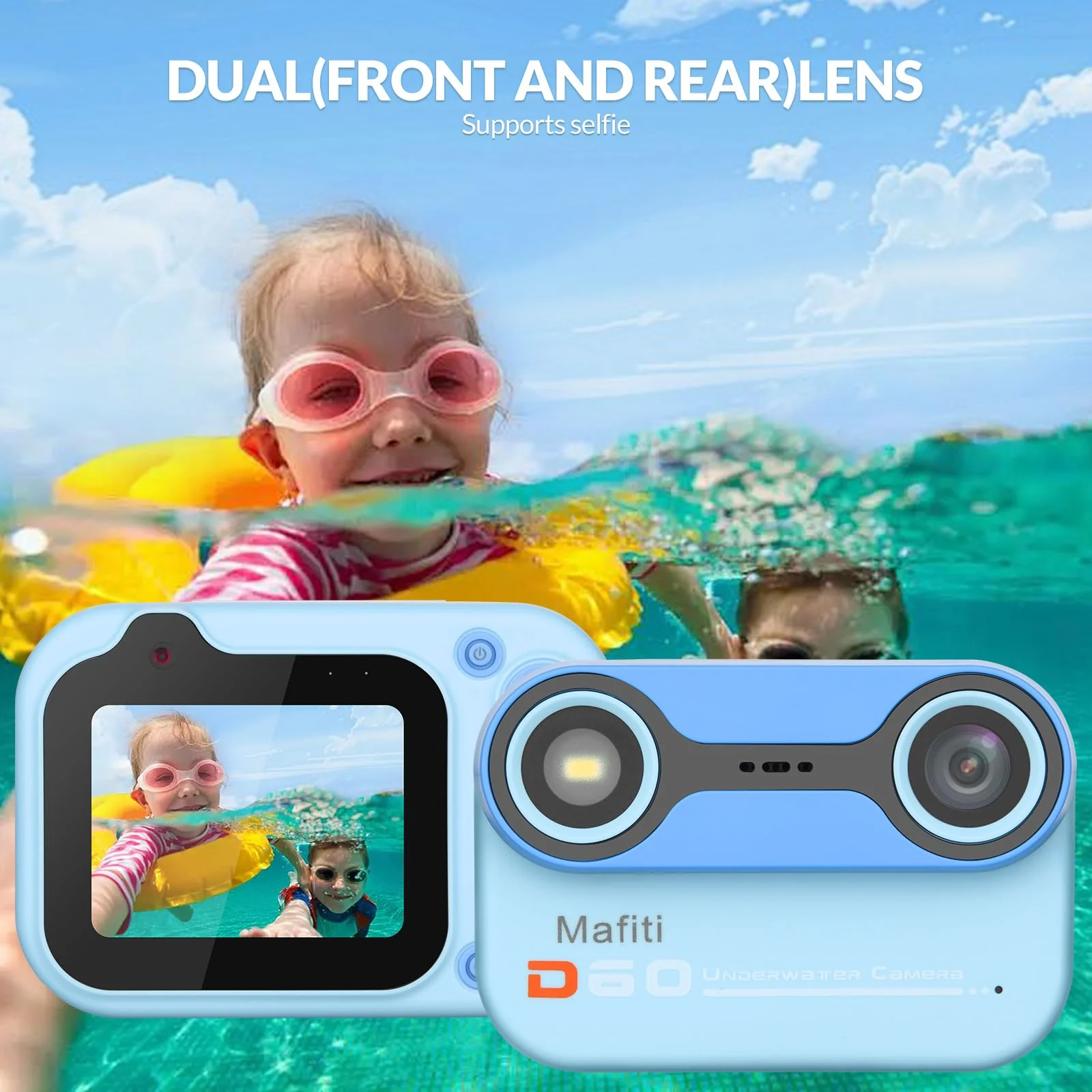 Mafiti Kids Waterproof Digital Camera Underwater Camera for Snorkeling and Diving with 2.4" IPS Display USB Rechargeable Digital Camera for Videos and Photos with 32GB Card Blue - Image 4
