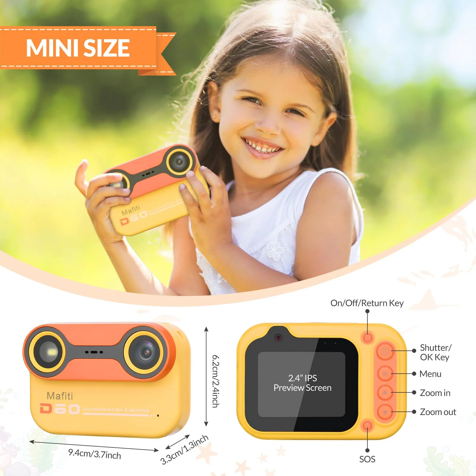 Mafiti Kids Waterproof Digital Camera Underwater Camera for Snorkeling and Diving with 2.4" IPS Display USB Rechargeable Digital Camera for Videos and Photos with 32GB Card Orange - Image 5