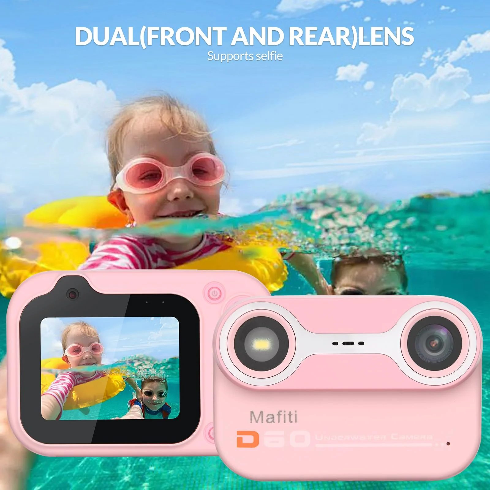 Mafiti Kids Waterproof Digital Camera Underwater Camera for Snorkeling and Diving with 2.4" IPS Display USB Rechargeable Digital Camera for Videos and Photos with 32GB Card Pink - Image 4
