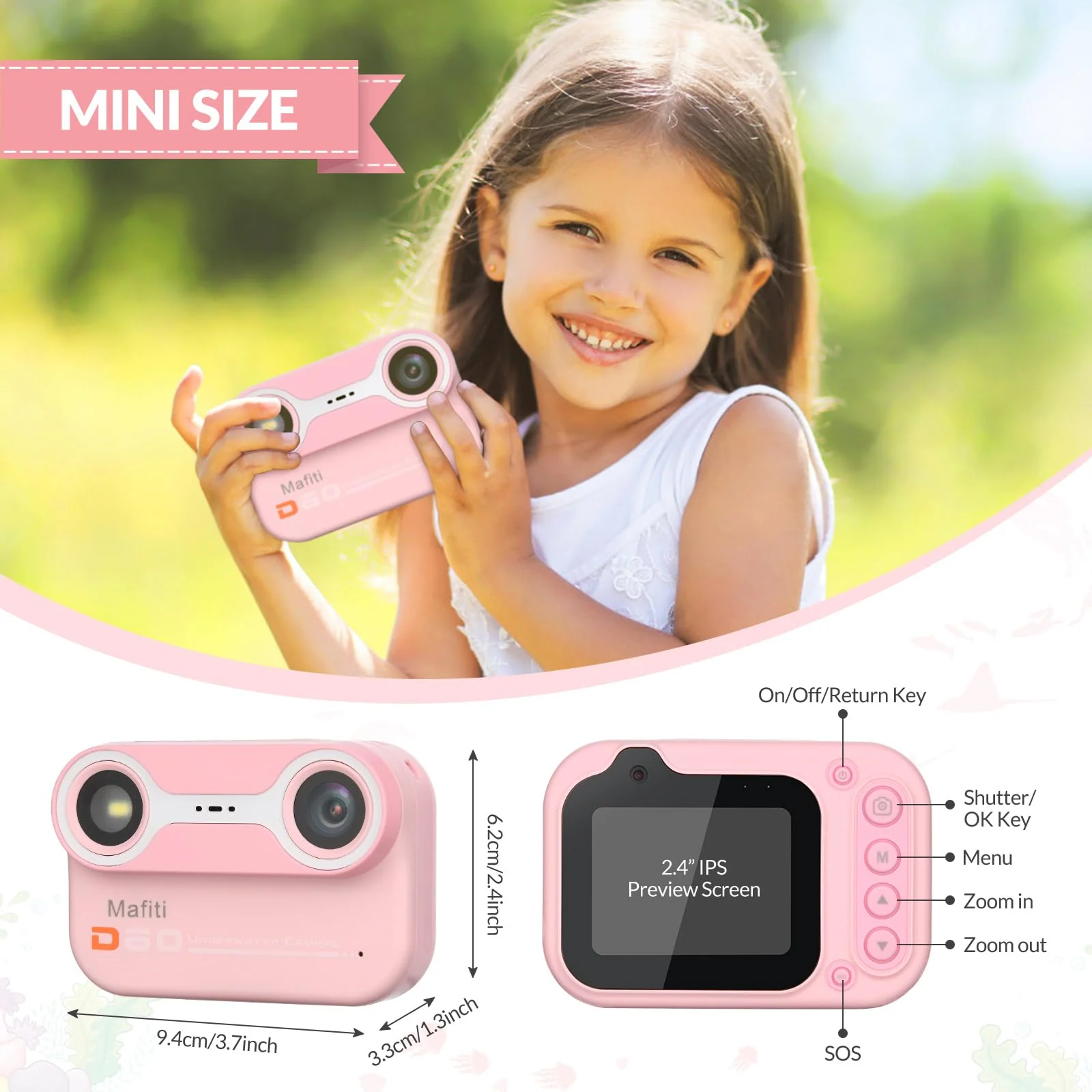Mafiti Kids Waterproof Digital Camera Underwater Camera for Snorkeling and Diving with 2.4" IPS Display USB Rechargeable Digital Camera for Videos and Photos with 32GB Card Pink - Image 5