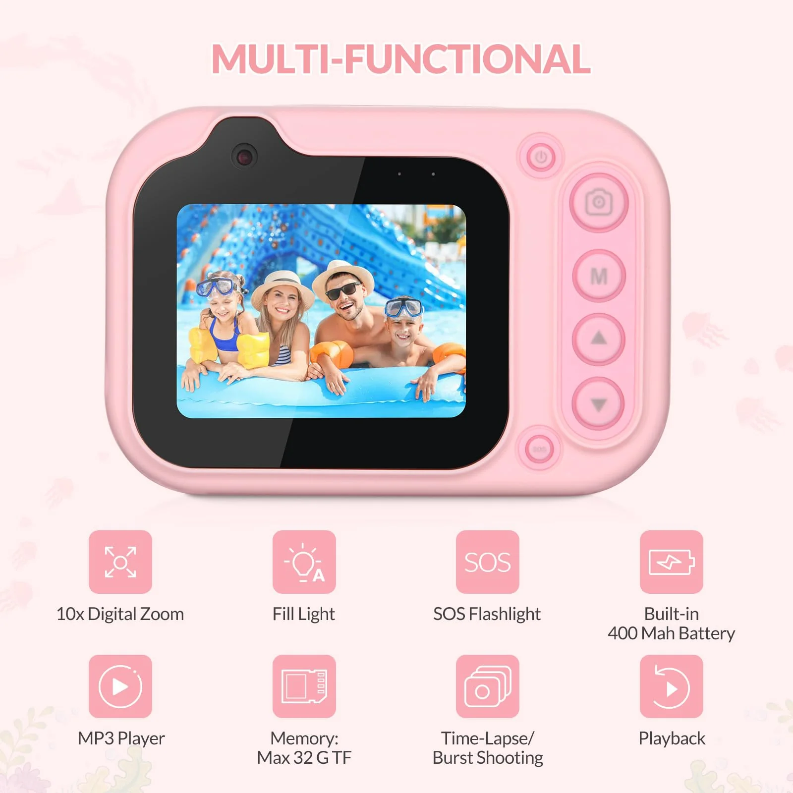 Mafiti Kids Waterproof Digital Camera Underwater Camera for Snorkeling and Diving with 2.4" IPS Display USB Rechargeable Digital Camera for Videos and Photos with 32GB Card Pink - Image 7