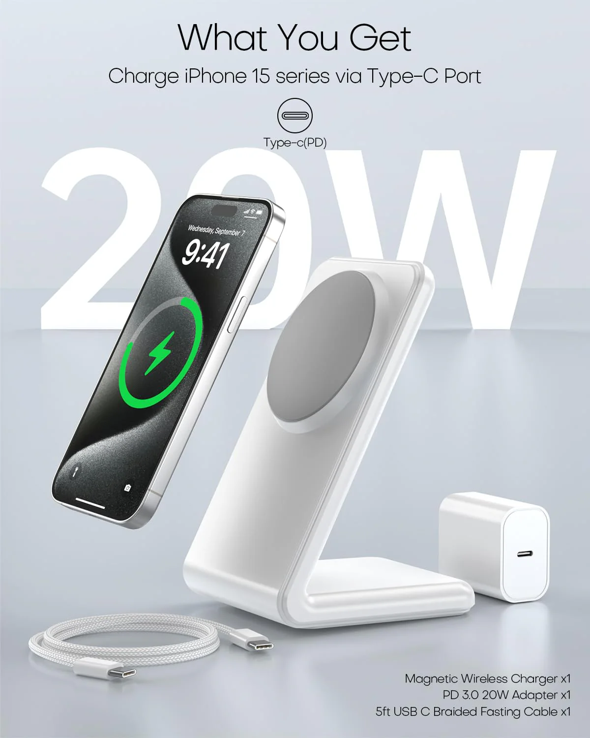 Mag-Safe Charger Stand for iPhone 16 (with 20W Adapter, 5Ft Cable), Magnetic Wireless Charger with Fast Charging Capability for iPhone 15/14/13/12 Series- Grey - Image 2