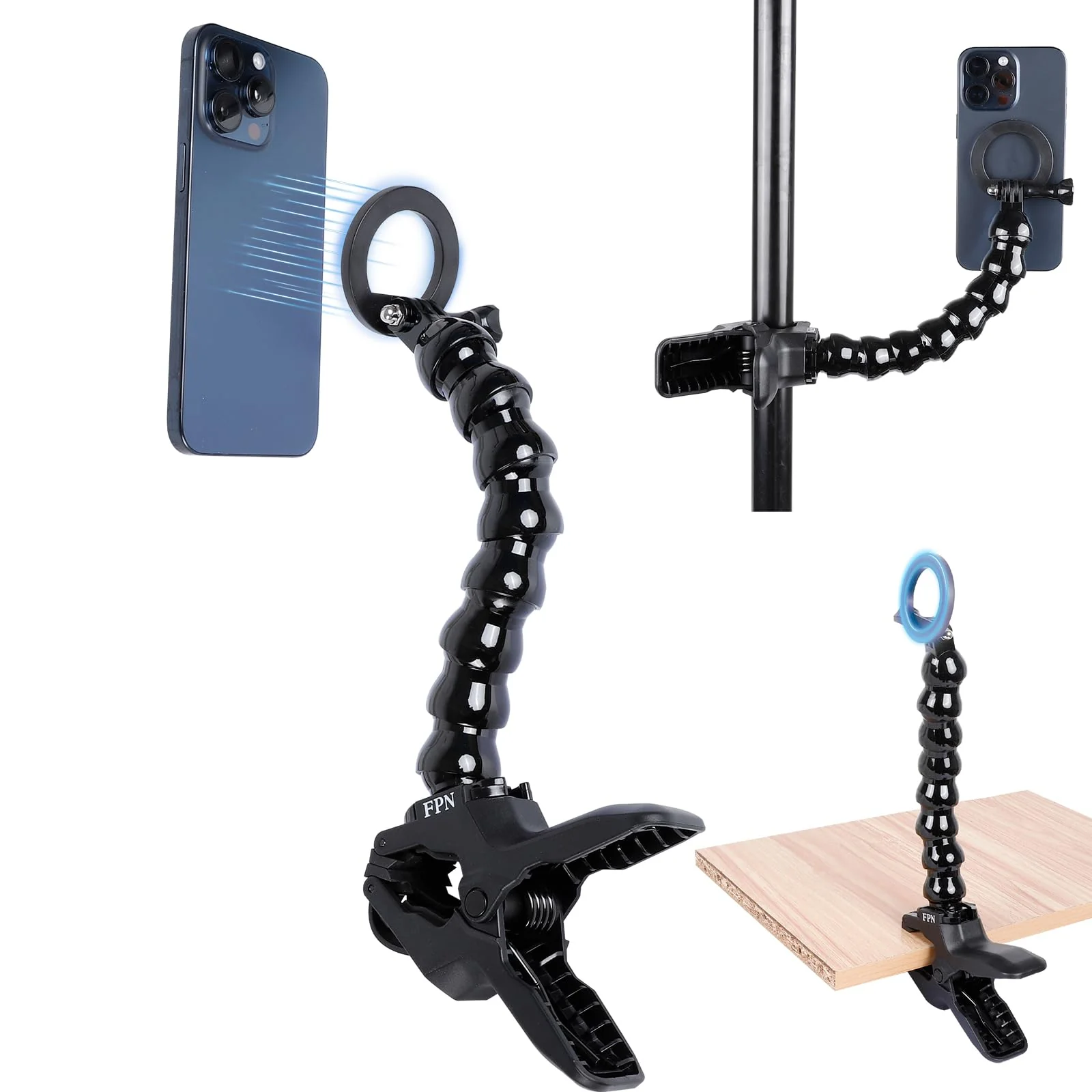 Magnetic Gooseneck Phone Holder Clamp Mount for Magsafe, Guitar Bass Head Phone Holder Live Broadcast Bracket Clip, Compatible with iPhone 16 15 14 Pro Max Plus 13 12 Seires