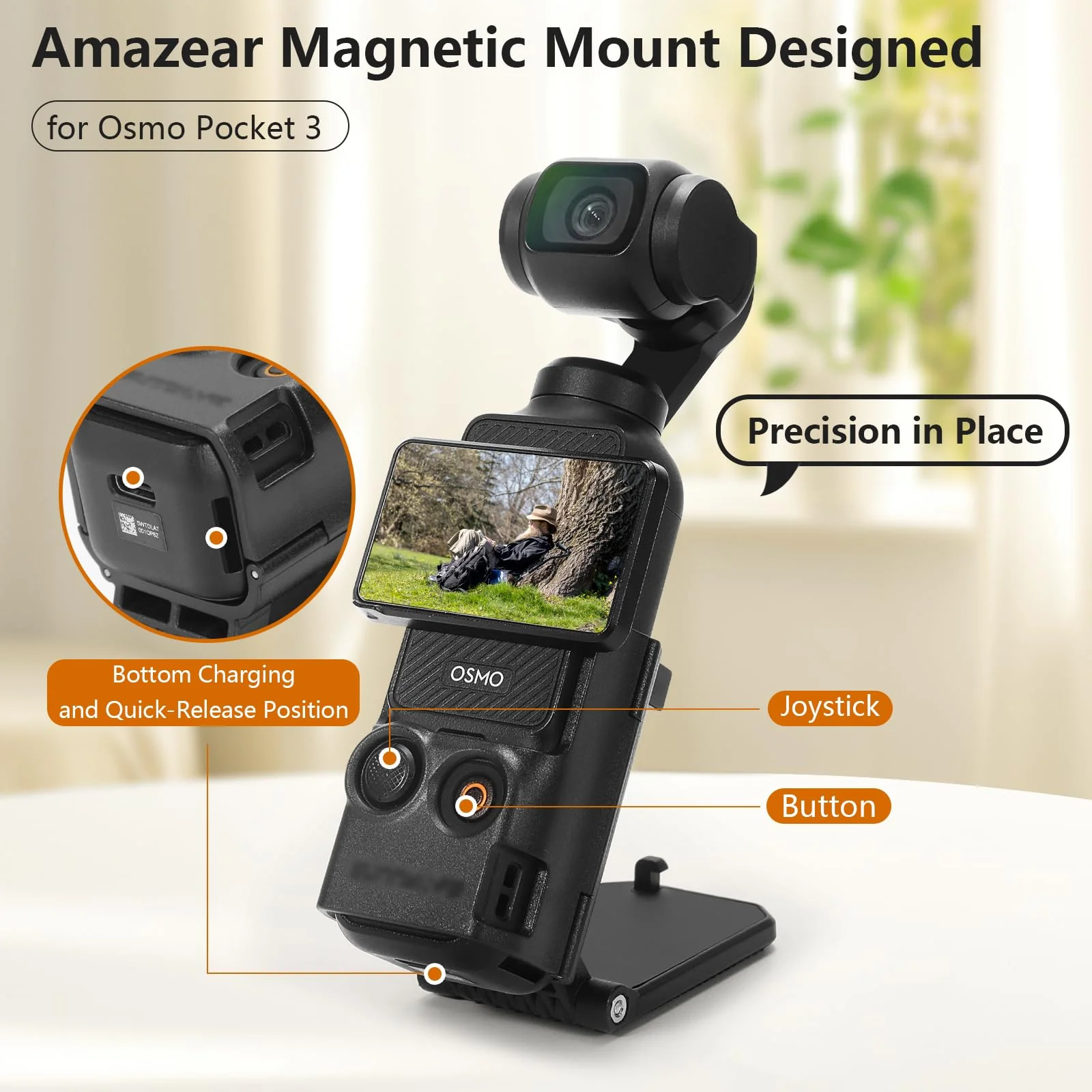 Magnetic Mount Stand Compatible with DJI Osmo Pocket 3, Pocket3 Accessories Expansion Adapter Magnet Suction Case Holder on Desktop, Vertical Surface, 180° Adjustable, Quick Fixation, Black - Image 2