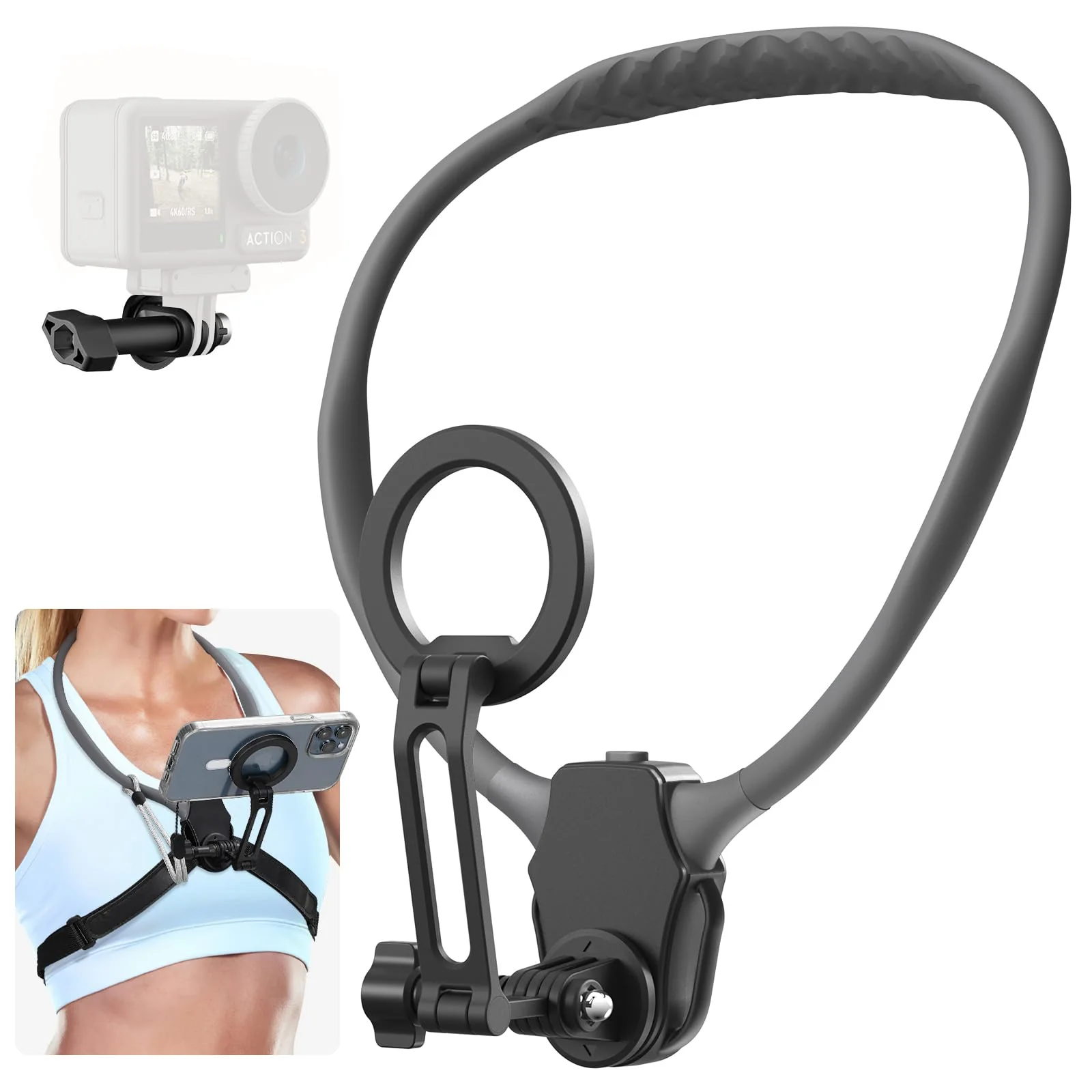 Magnetic Neck Mount for Phones, POV Phone Holder, Vlog Neck Mount with Anti-Vibration Chest Strap for GoPro for Insta360, Magnetic Phone Neck Holder for iPhone 16 15 14 13 12 Series