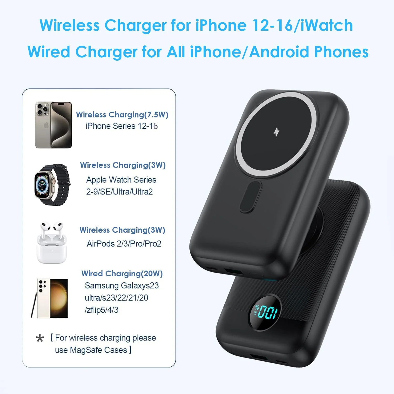 Magnetic Portable Charger 10800mAh,4-in-1 Wireless Power Bank with iWatch Charger, QC4.0+20W PD Fast Charging USB C Battery Pack with LCD Display for Magsafe,iPhone 16/15/14/13/12 Series,Apple Watch Black - Image 7