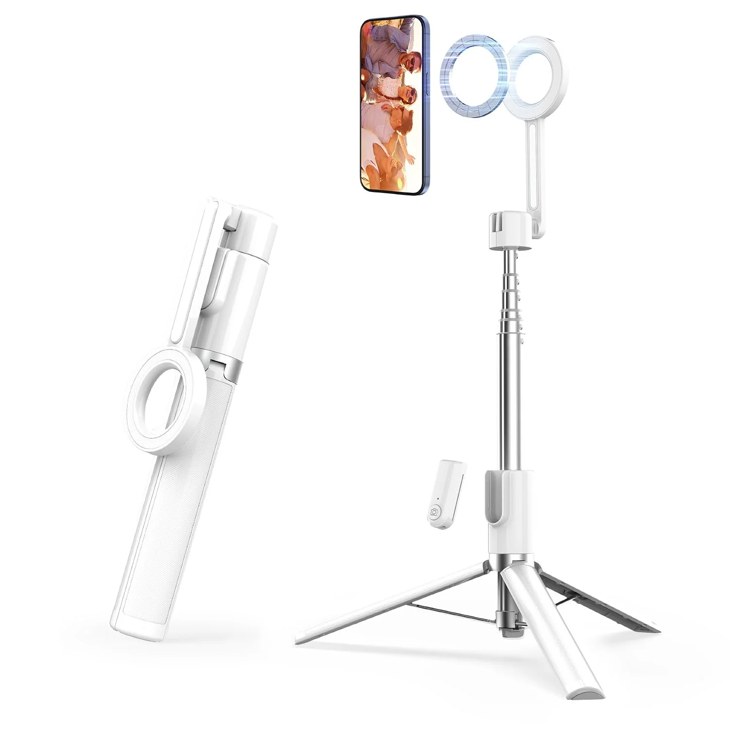 Magnetic Selfie Stick Tripod with Remote,54" Phone Tripod Compatible with MagSafe,Fit for iPhone 12/13/14/15 Series,Magsafe Case and Other Phones with Metal Ring Dark White