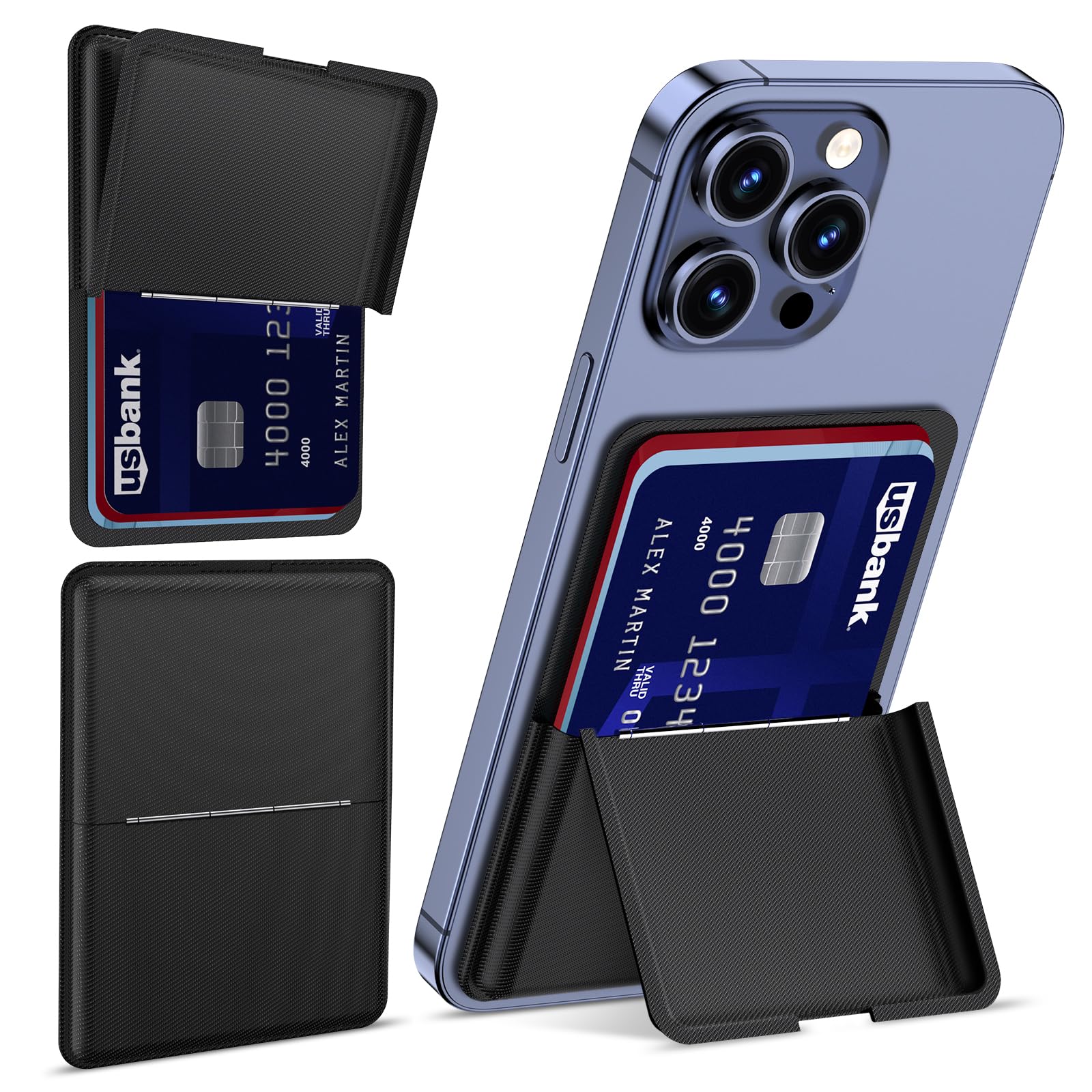 Magnetic Wallet Compatible with MagSafe Wallet, Adjustable Wallet Stand for Apple Wallet Mag Safe, Magnetic Card Holder Wallet for iPhone 15/14/13/12 Series, Twill PU Leather, 3 Cards,Black Black