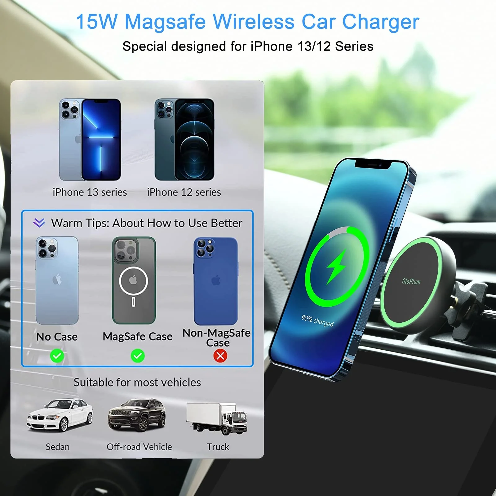 Magnetic Wireless Car Charger Mount Compatible with Magsafe iPhone 15/ iPhone 14/iPhone 13, Fast Charging Air Vent Magnet Accessories Car Phone Holder Gray - Image 8