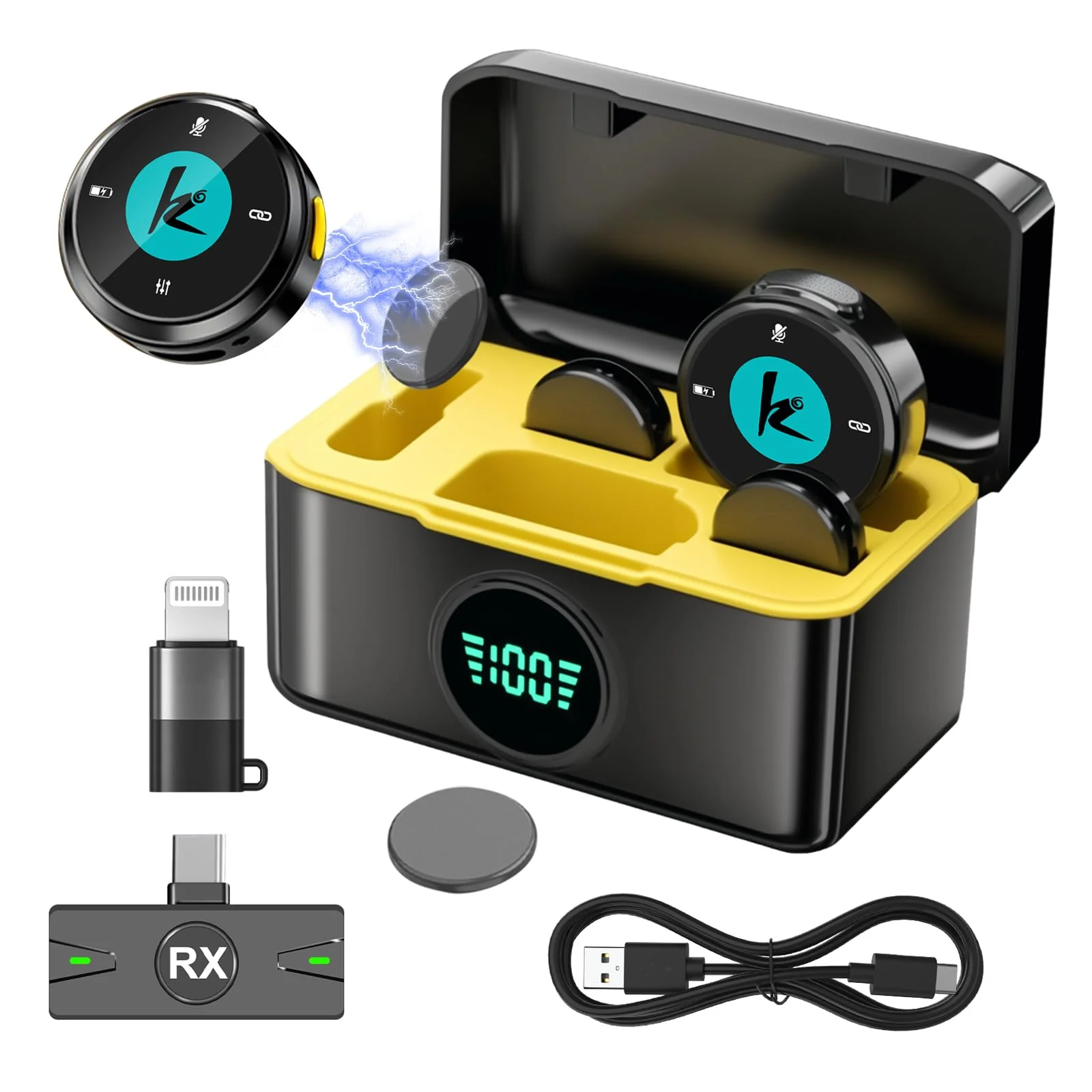 Magnetism Wireless Lavalier Microphone for iPhone/Android/PC, 48kHz/24-bit Type-C/Lightning Mini Microphone iPhone Mic for Phone 60-80M Yellow - Image 2