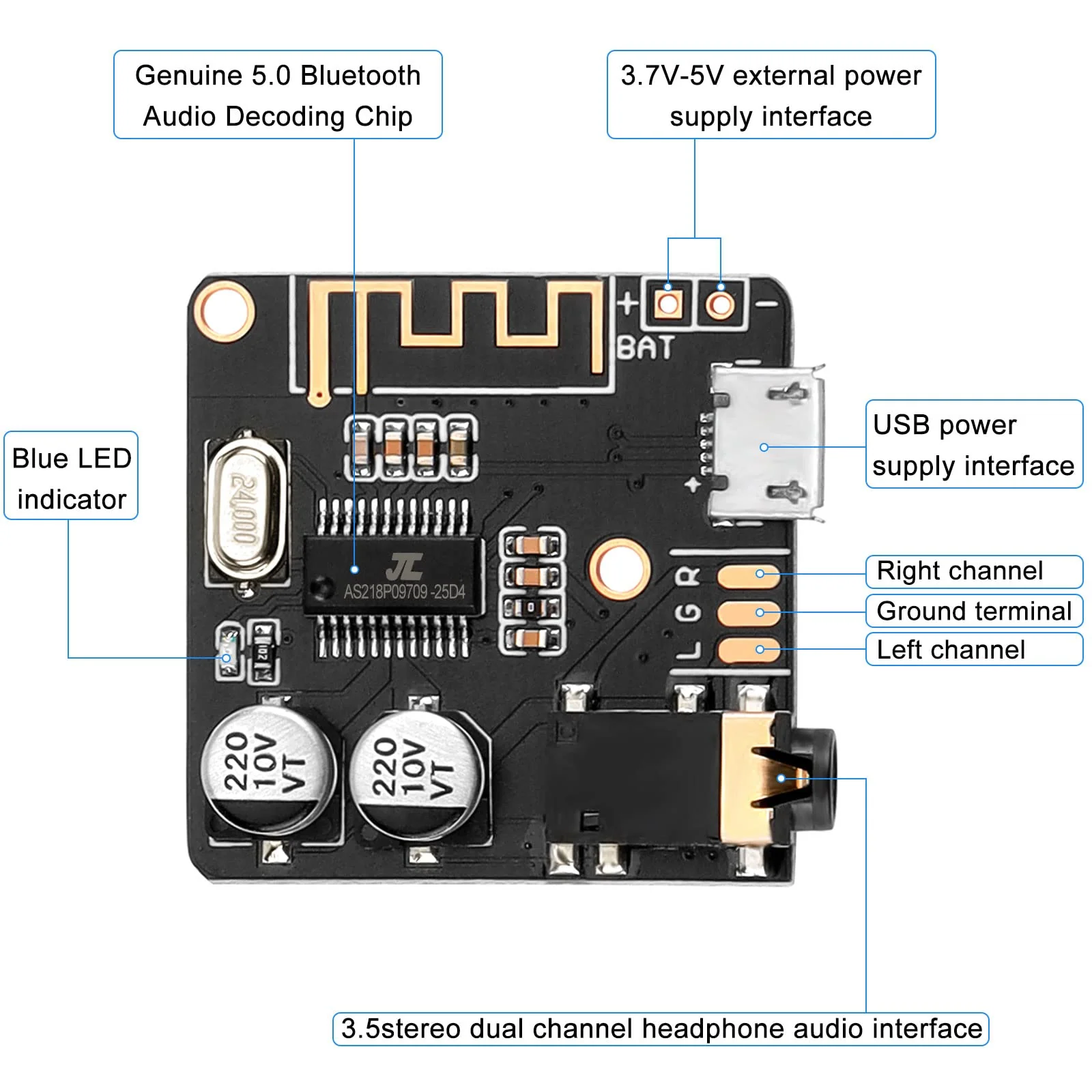 MakerHawk 2pcs Bluetooth Audio Receiver Board BT 5.0 Stereo Audio Amplifier 3.7-5V Car Speaker Amplifier for DIY 2 - Image 2