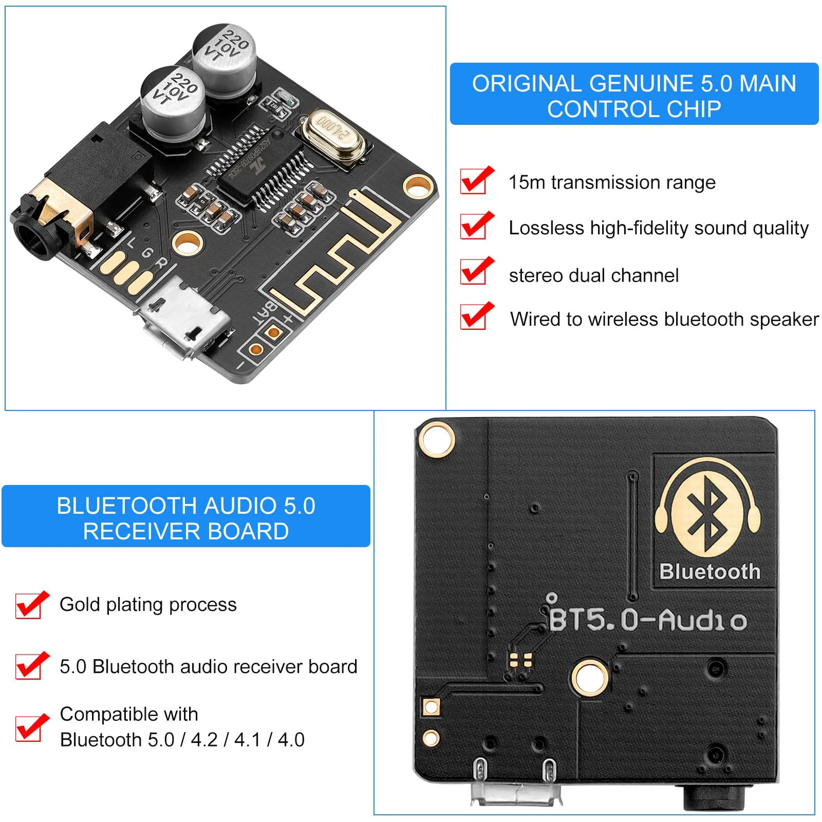 MakerHawk 2pcs Bluetooth Audio Receiver Board BT 5.0 Stereo Audio Amplifier 3.7-5V Car Speaker Amplifier for DIY 2 - Image 5