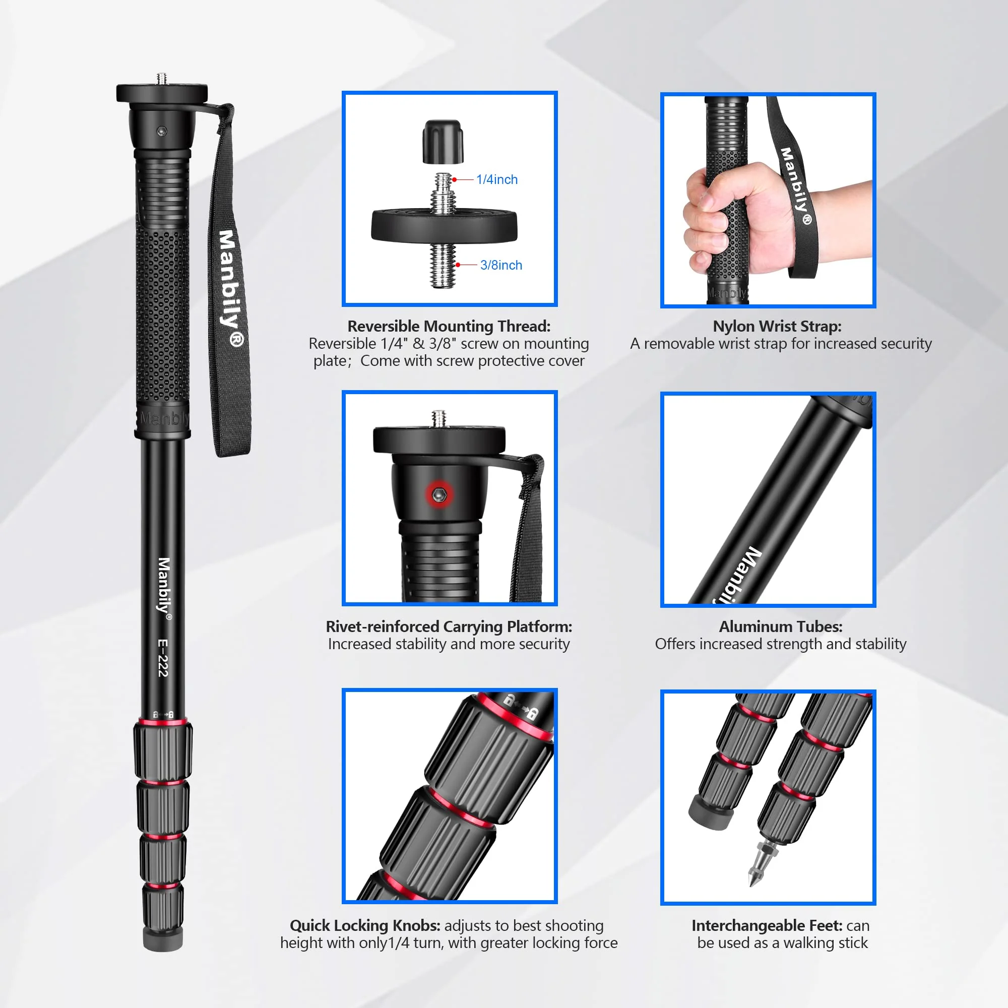 Manbily 65-Inch Camera Monopod, 5 Sections Aluminum Travel Monopod for Canon Nikon Sony DSLR Cameras Video Camcorder, Compact Portable Monopod Lightweight Walking Trekking Stick(E-222) - Image 3