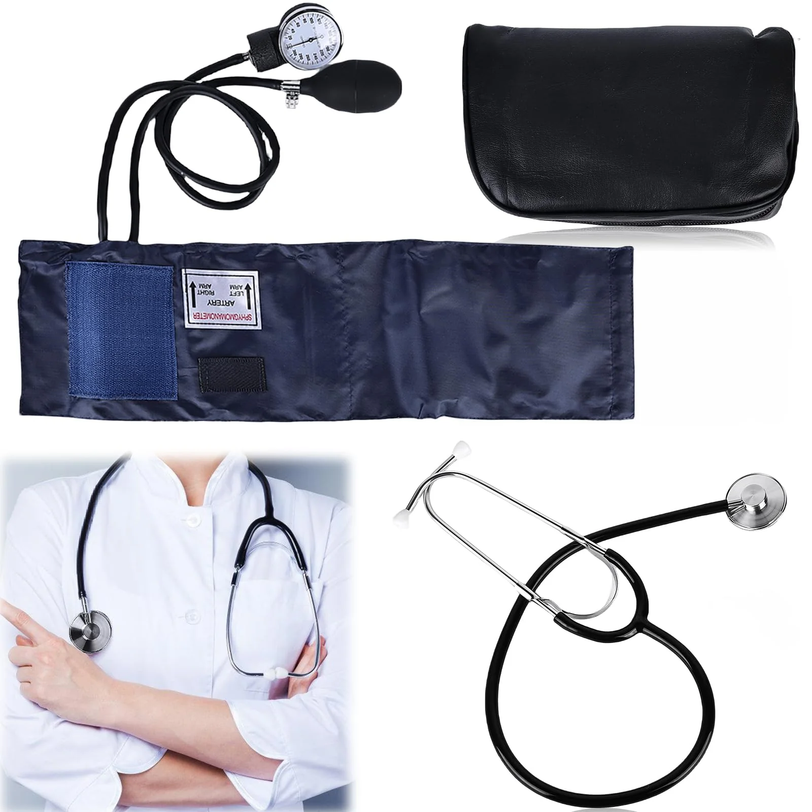 Manual Blood Pressure Cuff and Stethoscope Kit, Professional Upper Arm Aneroid Blood Pressure Monitor with Single Head Stethoscope, Adult Cuff, Pump Ball, Carry Bag for Home, Black