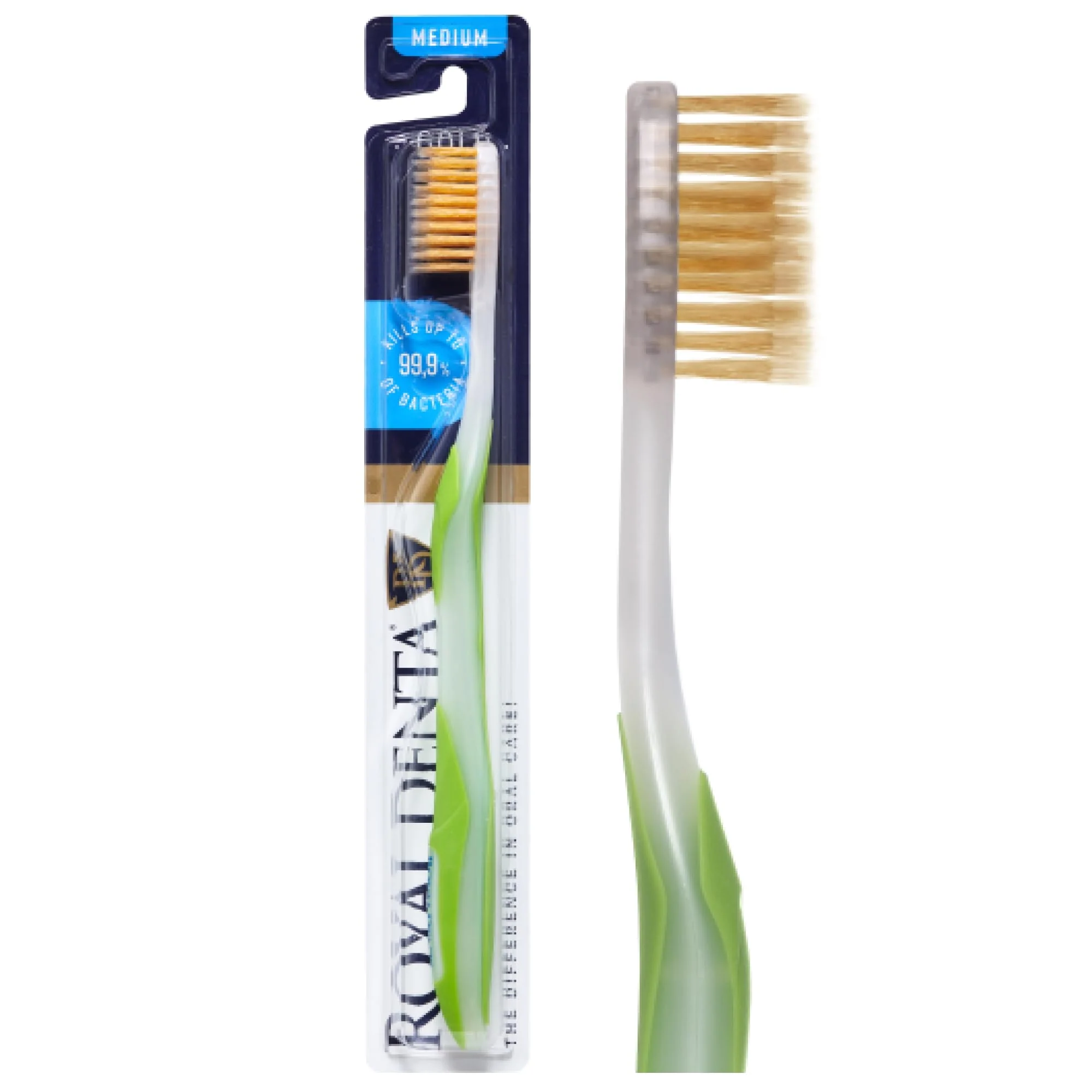 Manual Toothbrush Medium for Adults, Floss Toothbrush with Gold, Green Royal Denta