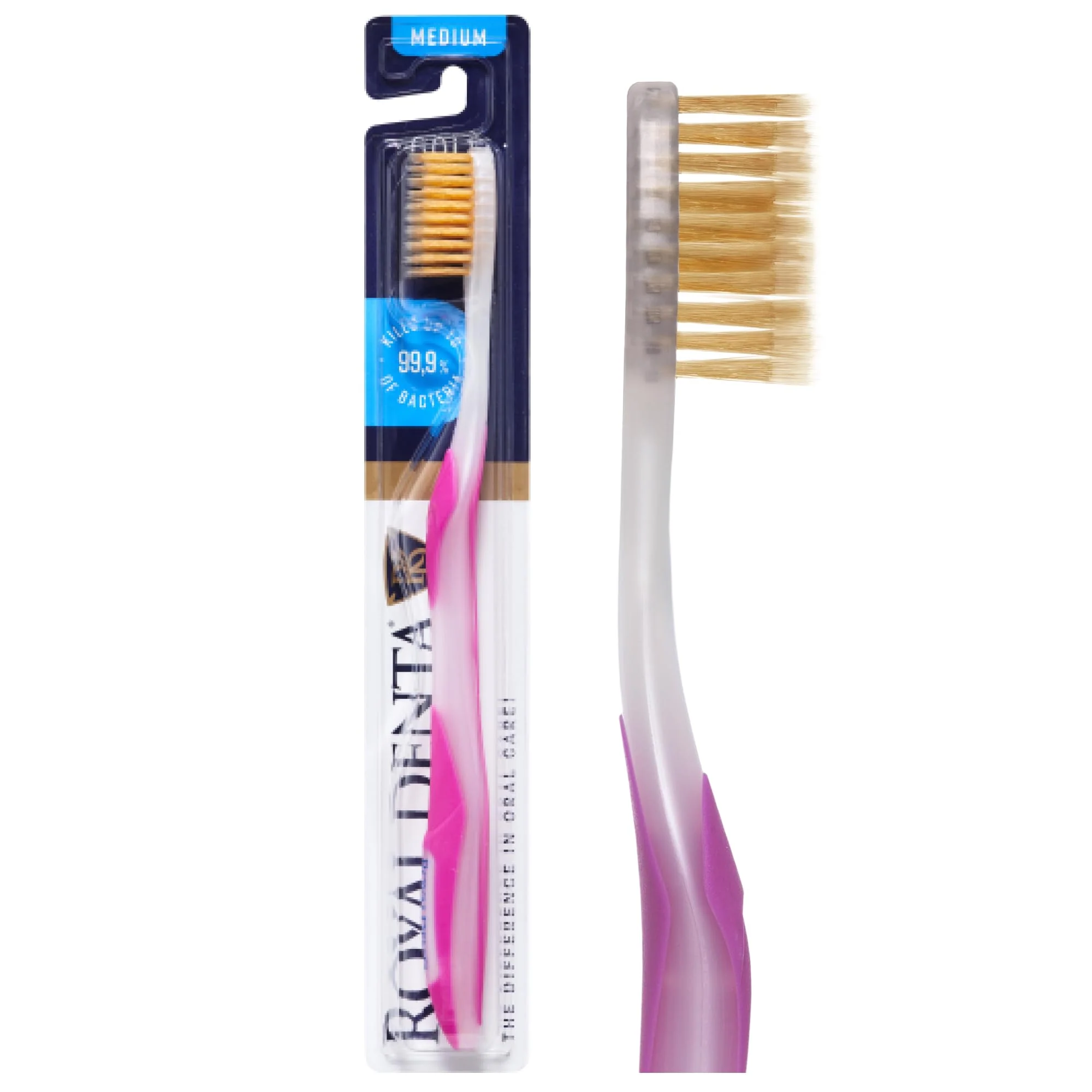 Manual Toothbrush Medium for Adults, Floss Toothbrush with Gold, Pink Royal Denta