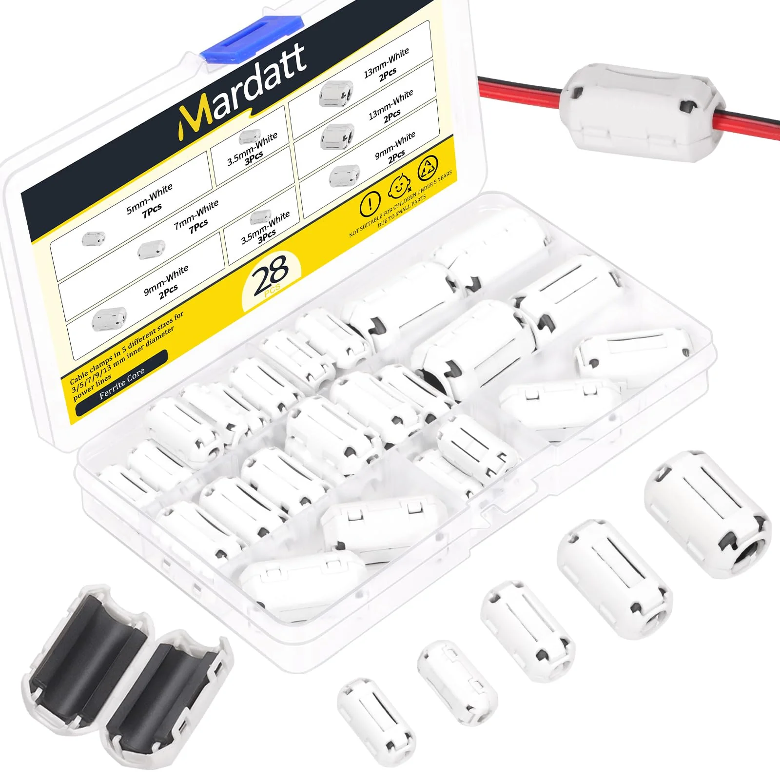 Mardatt Clip-on Ferrite Ring Core RFI EMI Noise Suppressor Cable Clip for 3.5 mm 5 mm 7 mm 9 mm 13 mm Diameter Cable (White) White