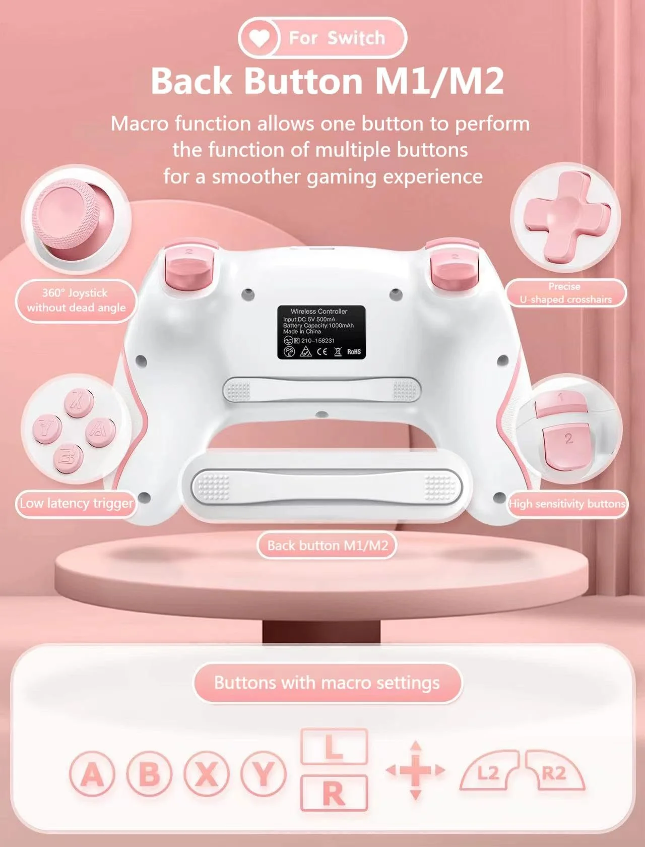 Matbip Switch pro controller, Wireless Pro Controller for Switch/Switch Lite/Switch OLED, switch controller with 2 back buttons, 3-level TURBO adjustable (Pink) Pink - Image 4