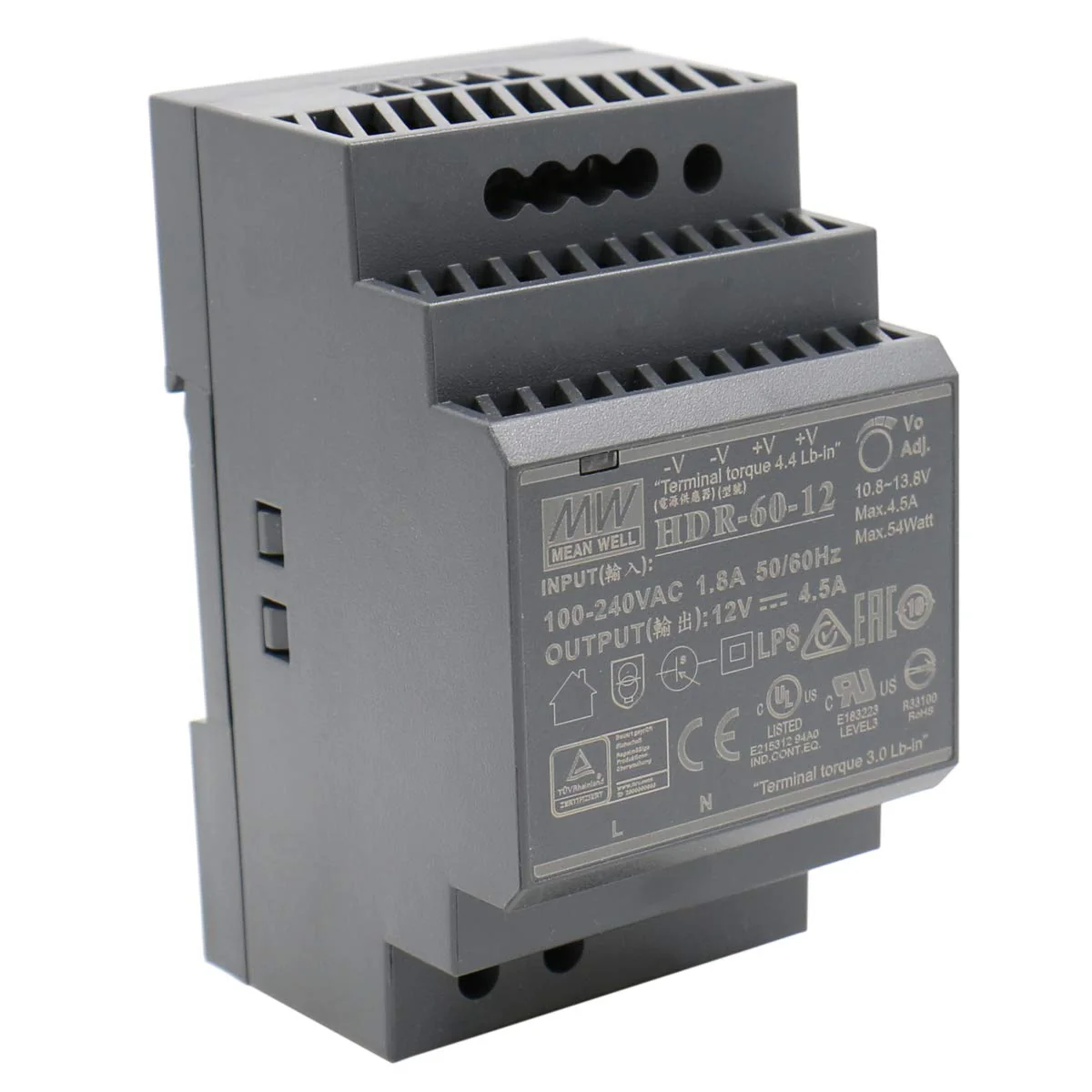 Mean Well Din-Rail power supply 54W 12V 4,5A ; MeanWell HDR-60-12 ; Panel Mount Single
