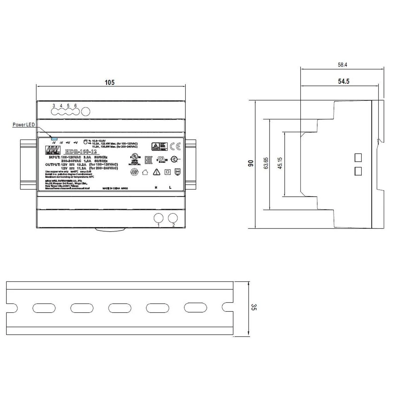 MEAN WELL HDR-150-12 135.6 W 12 V 11.3 A DIN-rail power supply DIN-RAIL - Image 2