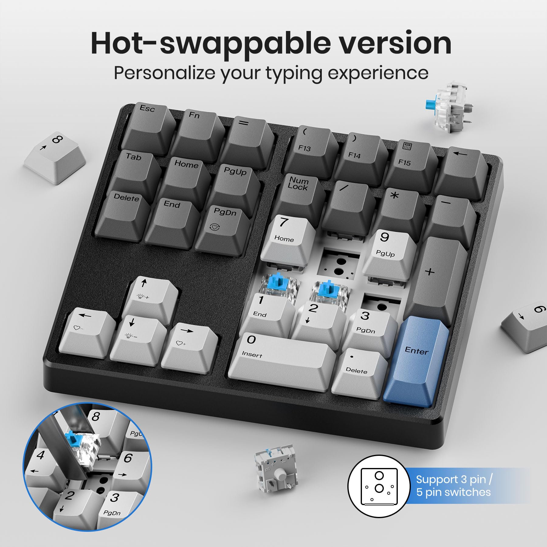 Mechanical Number Pad, 34 Key Wired Hot Swappable Keypad, Gateron Switches White Backlit Numpad,USB Numeric Keypad with PBT Keycaps for Laptop, Mac, PC Desktop(Blue Switch) Blue Switch - Image 4
