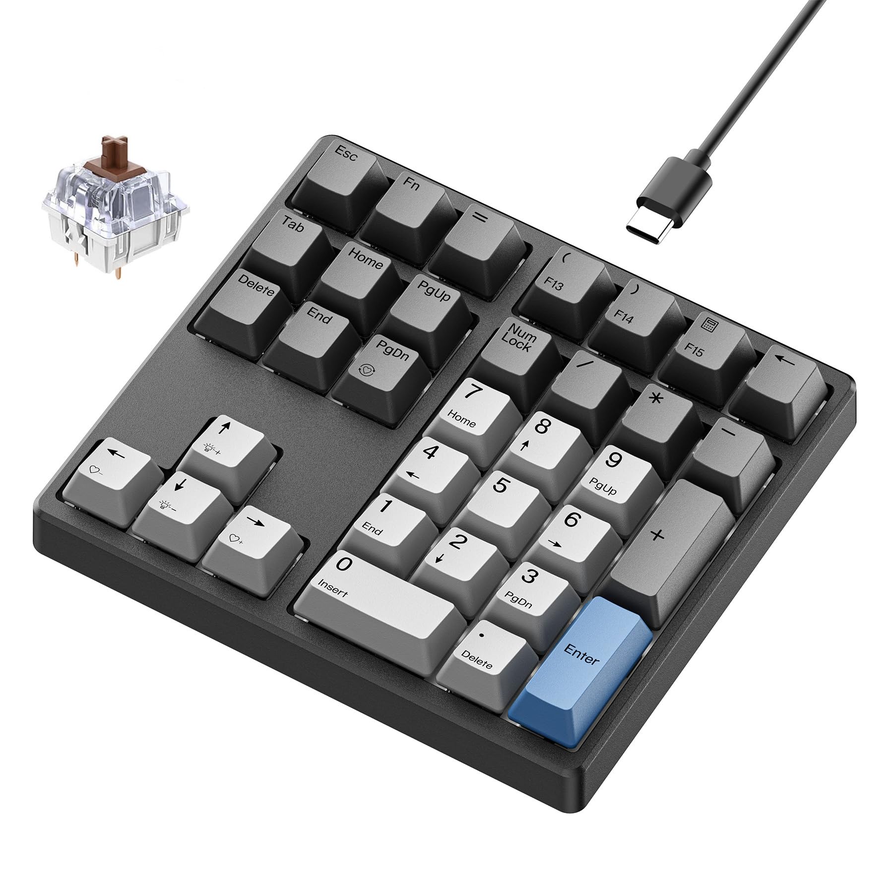 Mechanical Number Pad, 34 Key Wired Hot Swappable Keypad, Gateron Switches White Backlit Numpad,USB Numeric Keypad with PBT Keycaps for Laptop, Mac, PC Desktop(Brown Switch) Brown Switch